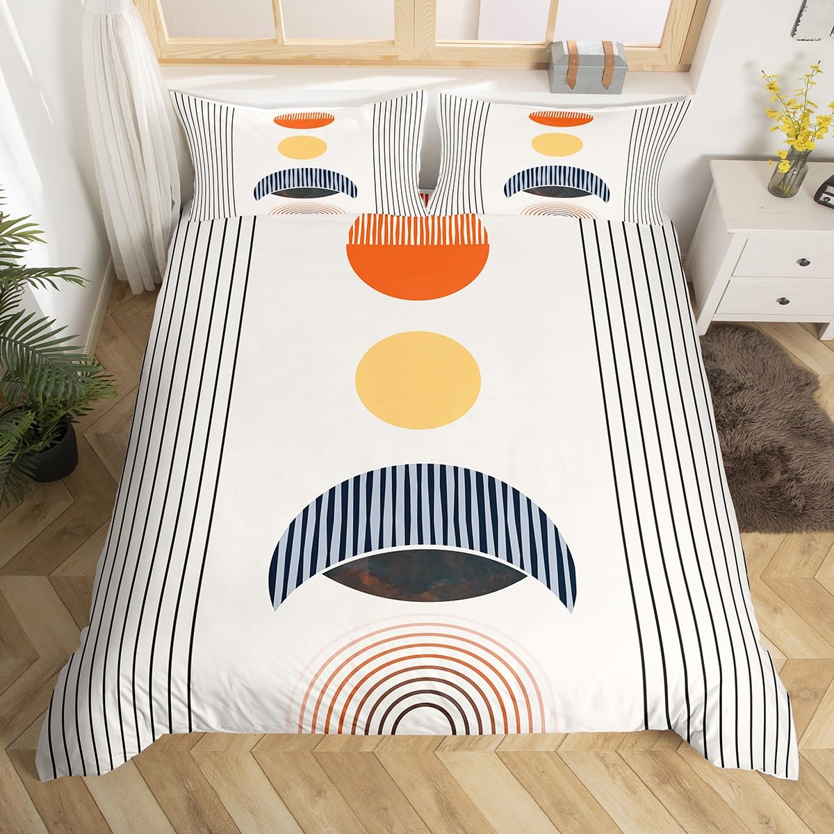 Erosebridal Modern Moon Print Bedding Sets Queen Mid Century Comforter Cover, Abstract Art Bed Set Geometric Stripe Duvet Cover, Aesthetic Quilt Cover (Zipper Closure)