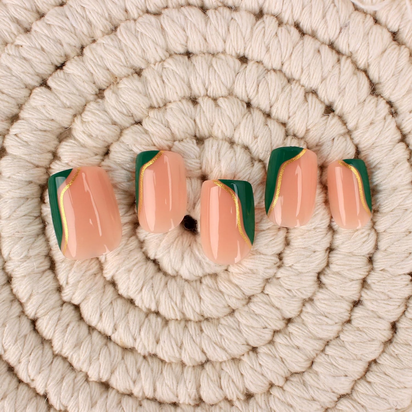 Mivota Fall Press On Nails Short Square Nude Fake Nails Green with Gold Stripes Fake Nails Fashion Glossy Acrylic Press ons Nail Gel Stick On Nails Set Glue on Nails for Women & Girls 30Pcs