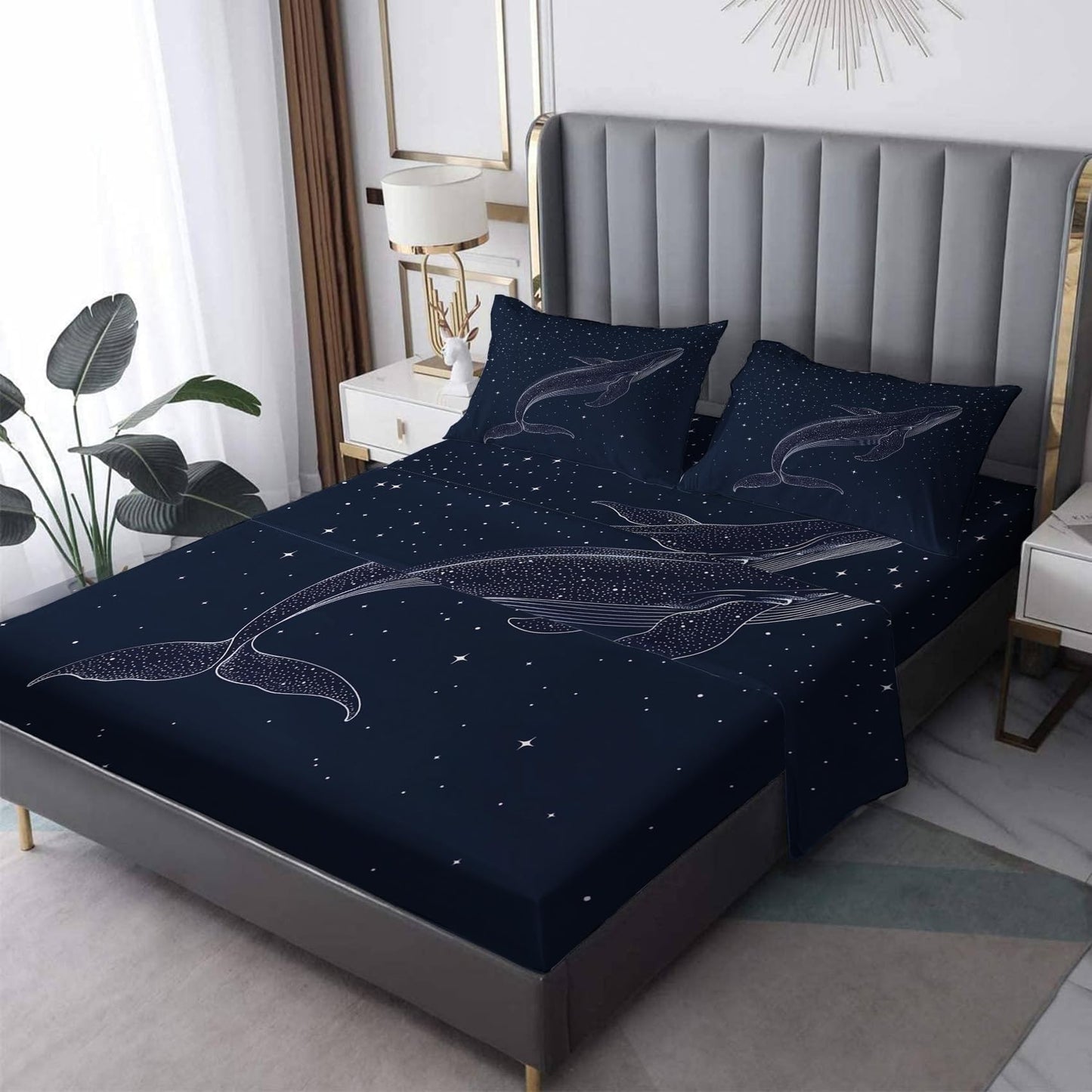 NOGAWA Whale Sheets Queen Size, Starry Sky Fantasy Bed Sheets, Patterned Bedding Sheets & Pillowcases 4 Piece Set - Soft Microfiber Deep Pocket Fitted Sheet & Flat Sheet & 2 Pillow Cases