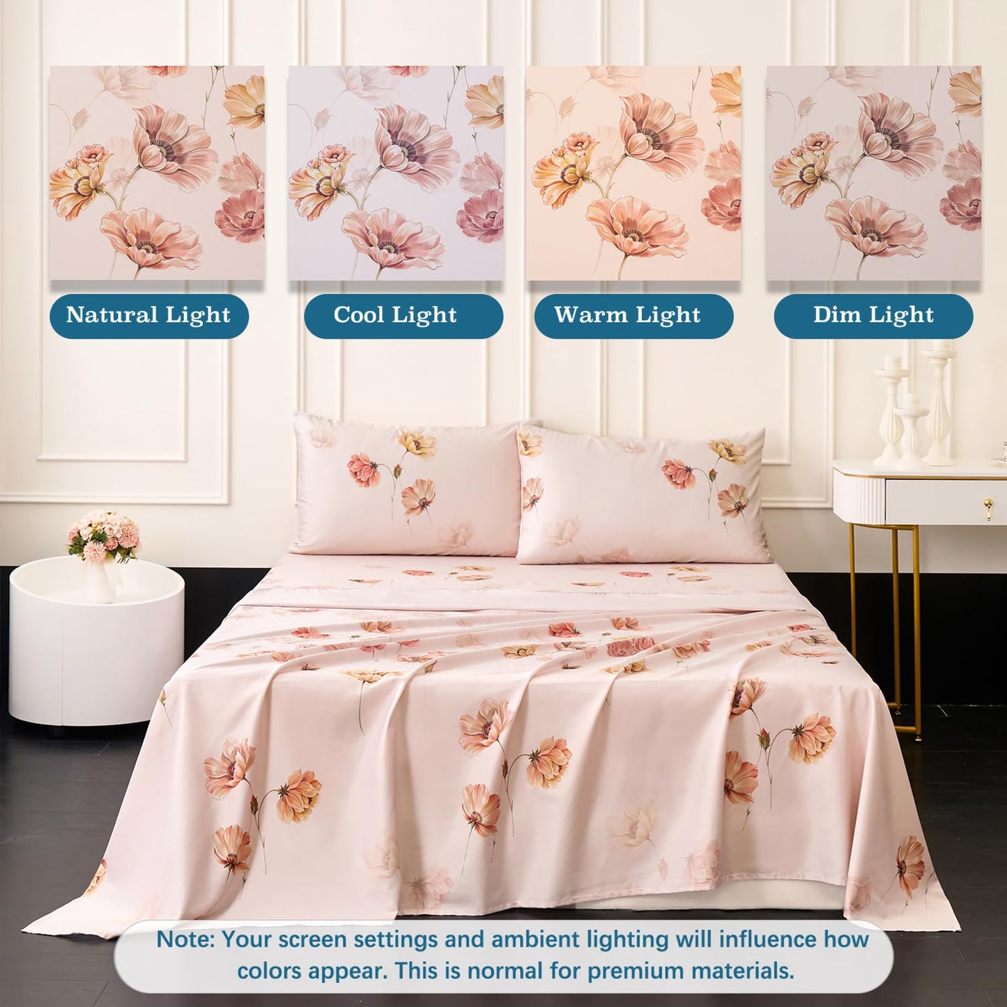 Huborise Blush Pink Floral Bed Sheets 100% Cotton Queen Size Sheet Set Satin Weave 4Pcs, Apricot Peach Flower Printed Bed Set with Deep Pocket 17.5", Soft Breathable & Crisp, Luxury French Country