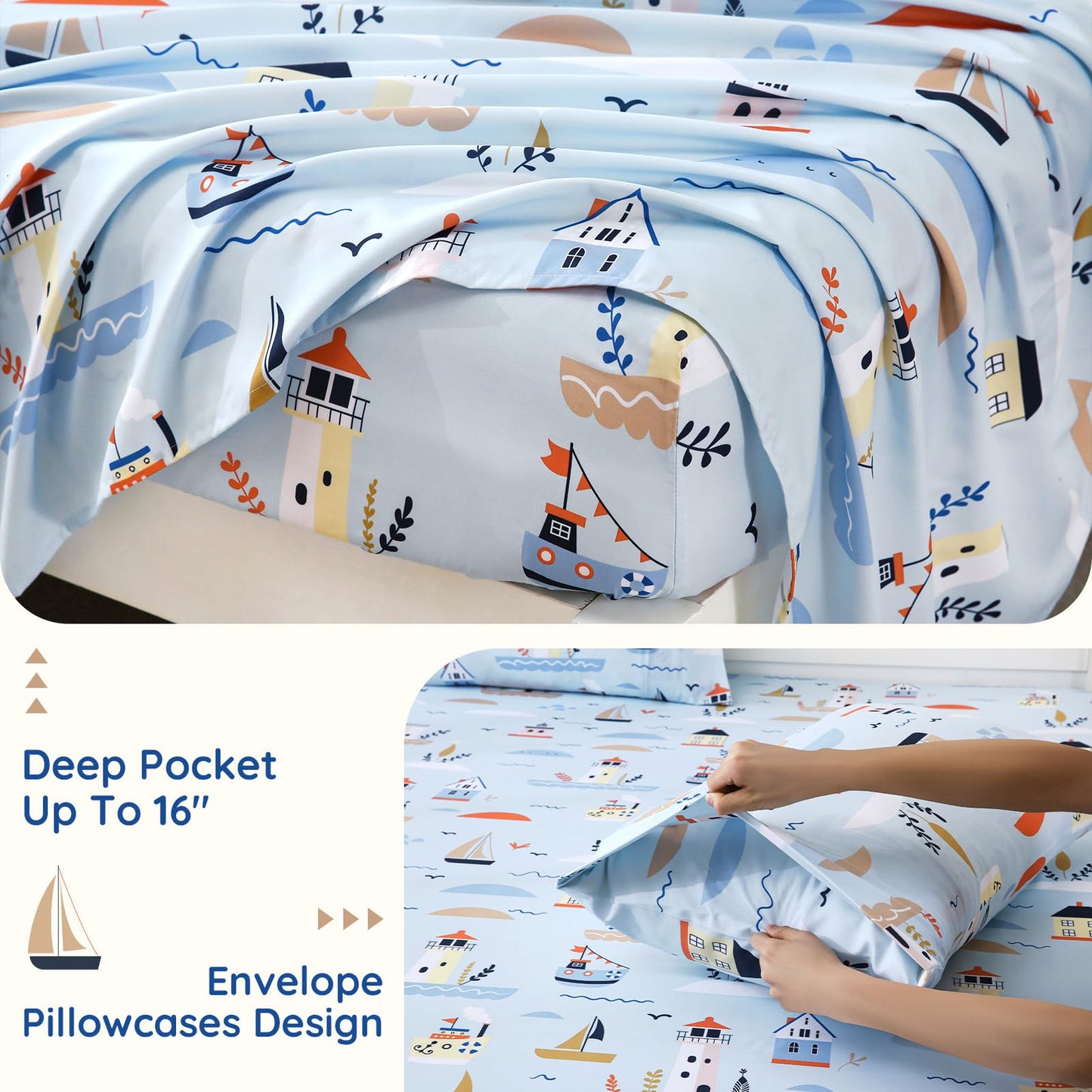MCO Sailboat Kids Full Size Bed Sheets, Soft Microfiber Full Size Sheets for Boy Girls, 4 Pieces Breathable Full Bed Sheet Lighthouse
