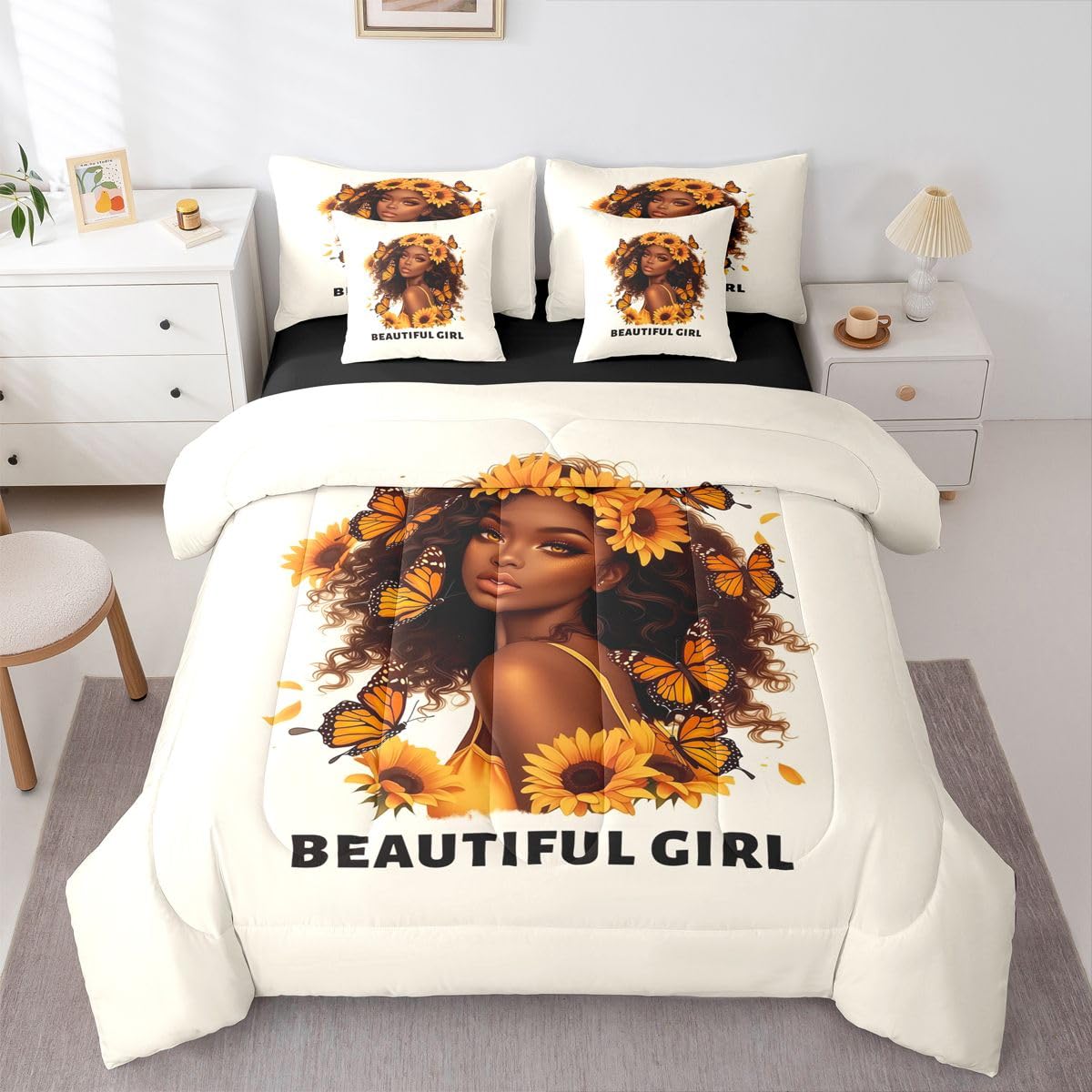 Erosebridal Beautiful Black Girls Queen Bedding Set Vibrant Sunflower Comforter Set with Flat and Fitted Sheet Teen Women Cute Butterfly 7-Piece Bed in a Bag Minimalist Art Quilt Sets