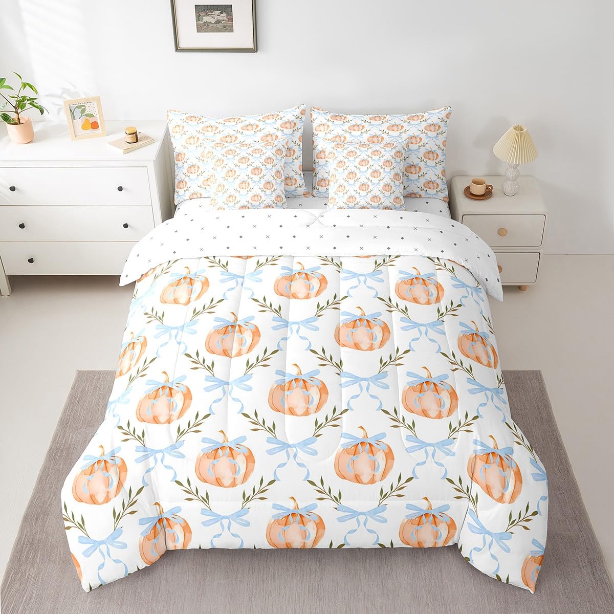 7 Pieces Bow Pumpkin Comforter Set Full Size,Blue Bowknot Lines Bedding Sets Kids Girls Boys Women Palm Leaves Plaid Autumn Plants Quilt + Fitted & Flat Sheets + 2 Cushion Cover + 2 Pillowcases