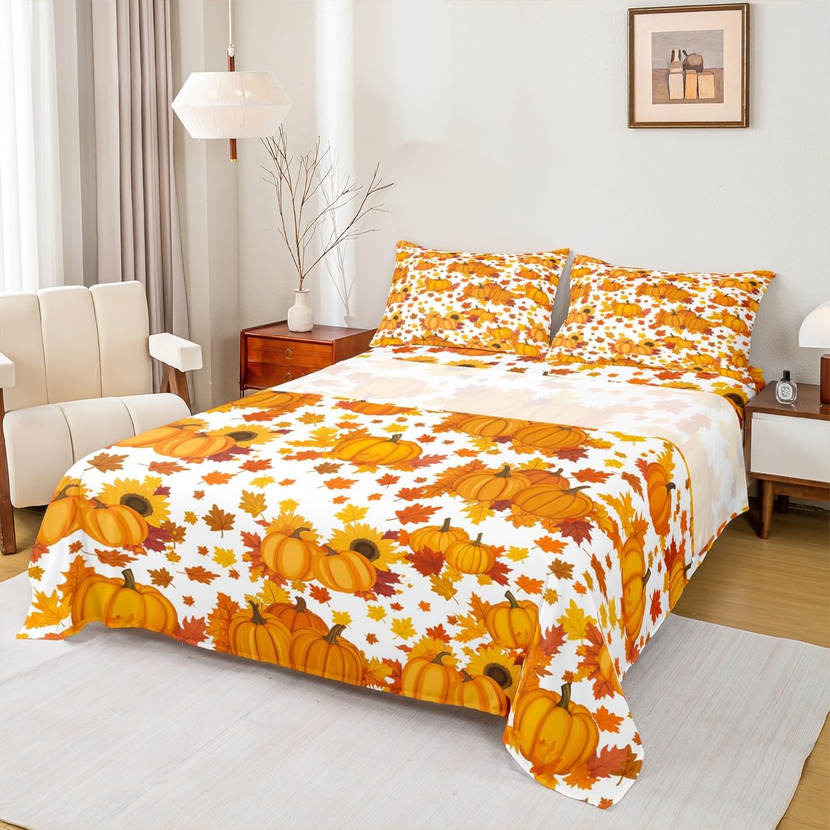 Fall Pumpkin Bed Sheets Queen Autumn Maple Leaves Bedding Set Thanksgiving Harvest Season Decor Sheet Set For Home,Rustic Farmhouse Sunflower Fitted Sheet Orange White Flat Sheet + 2 Pillow Cases