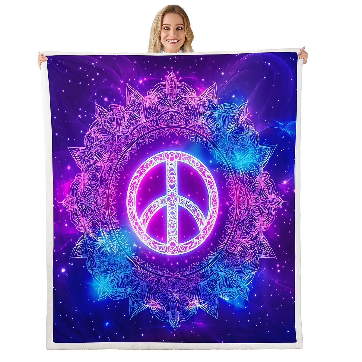Feelyou Boho Mandala Fuzzy Blanket Bohemian Style Sherpa Blanket Hippie Peace Art Fleece Blanket for Chair Sofa Couch Peace Sign Artwork Plush Throw Blanket Blue Purple Room Decor Throw 50"x60"