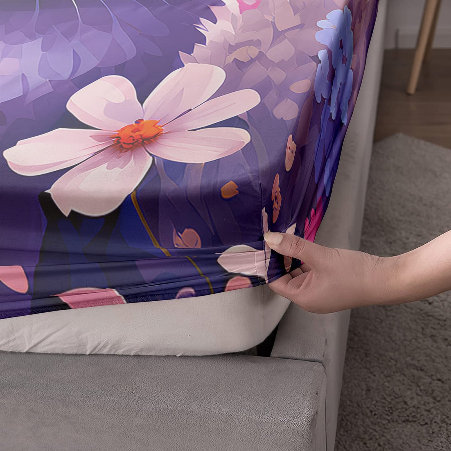 HOSIMA Cat Rainbow Floral Fitted Sheet, Kawaii Toddler Bedding Set for Girls Teens Room Decor Aesthetic, Purple Twin Sheet Set With 2 Pillowcases