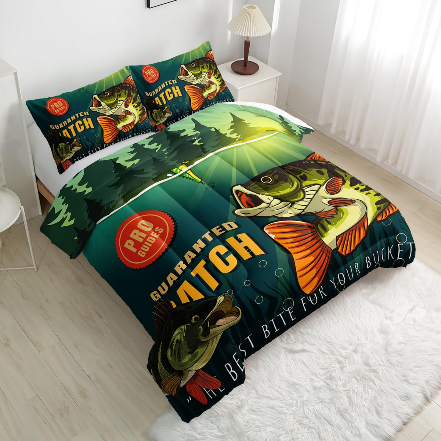 Nttopship Big Pike Fish Comforter Sets, Hunting and Fishing Pattern Bedding Set Twin Size for Kids,Fishing Underwater Animals Bedding Sets All Season 1 Comforter and 2 Pillowcases
