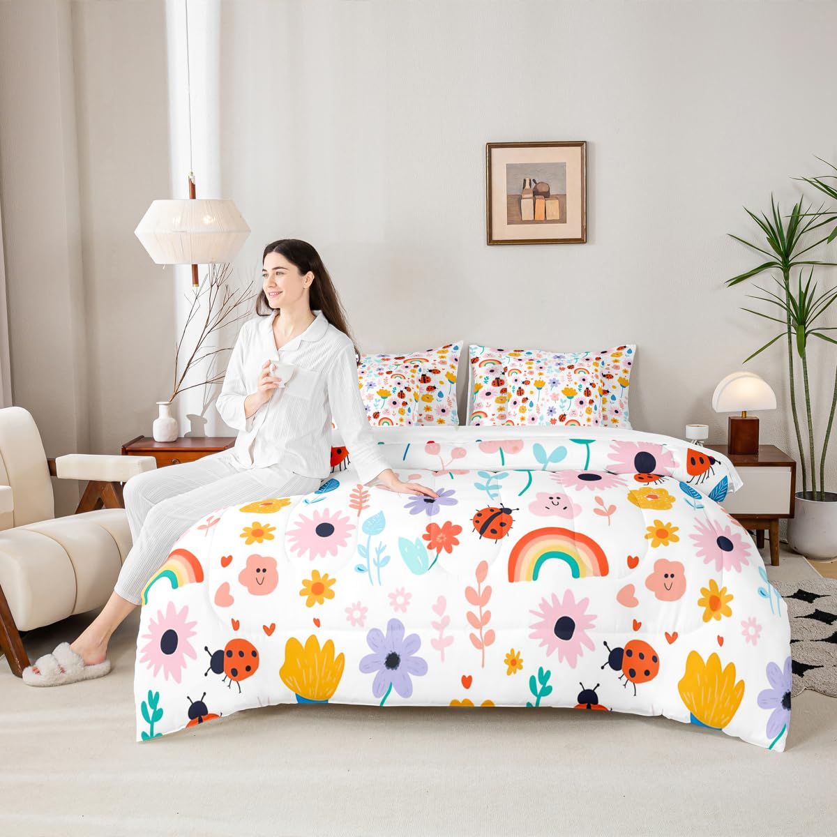 Feelyou Floral Queen Comforter Set with Sheets for Kids Boys Girls Butterfly 7 Pieces Bedding Set Cute Bed in a Bag Rainbow Room Decor Garden Plant Soft Lightweight Microfiber