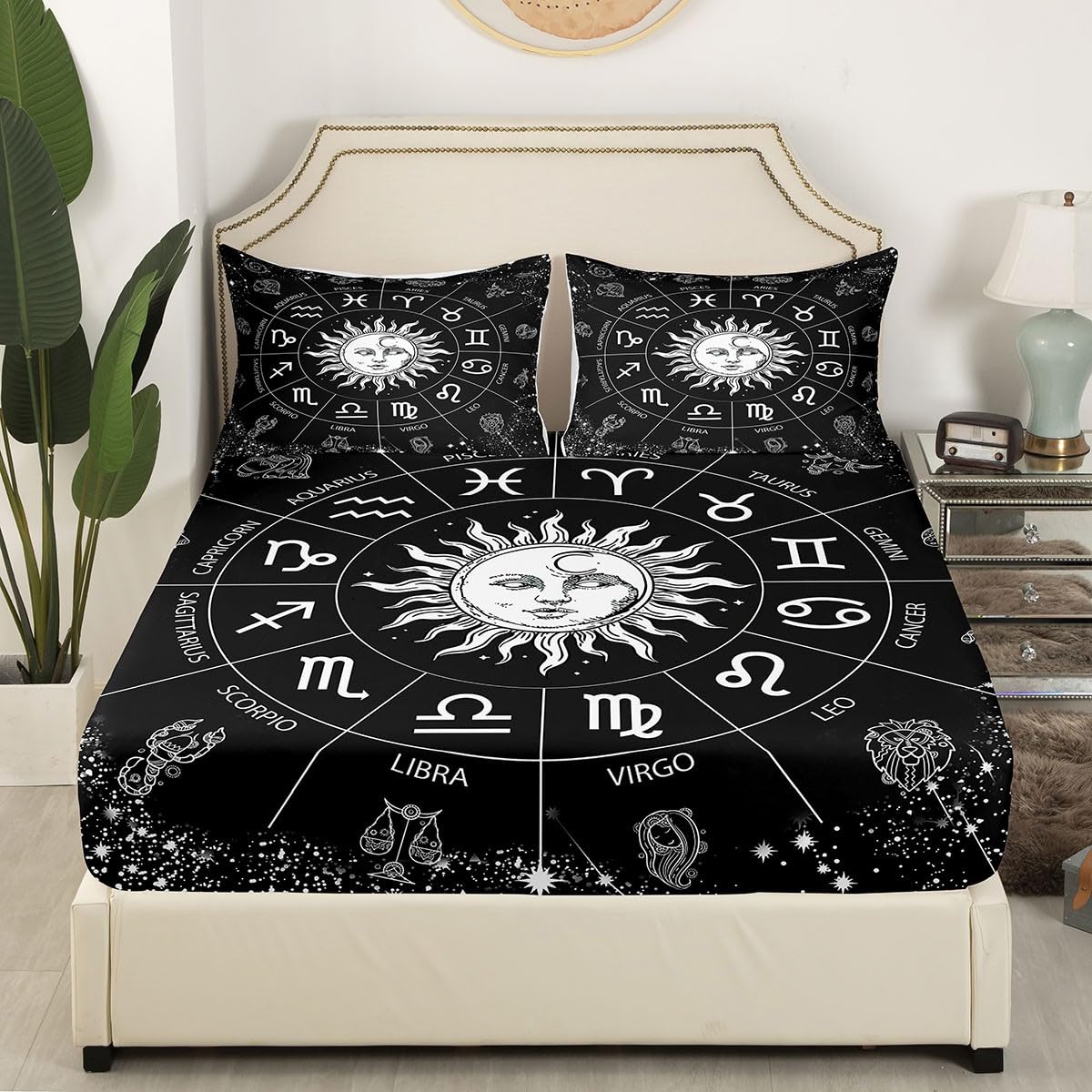 Manfei Sun and Moon Fitted Sheet Twin Size Twelve Constellations Zodiac Bedding Set 2pcs for Kids Boys Girls Bedroom Decor, Astrology Bed Cover Black and White Bed Sheets with 1 Pillowcase