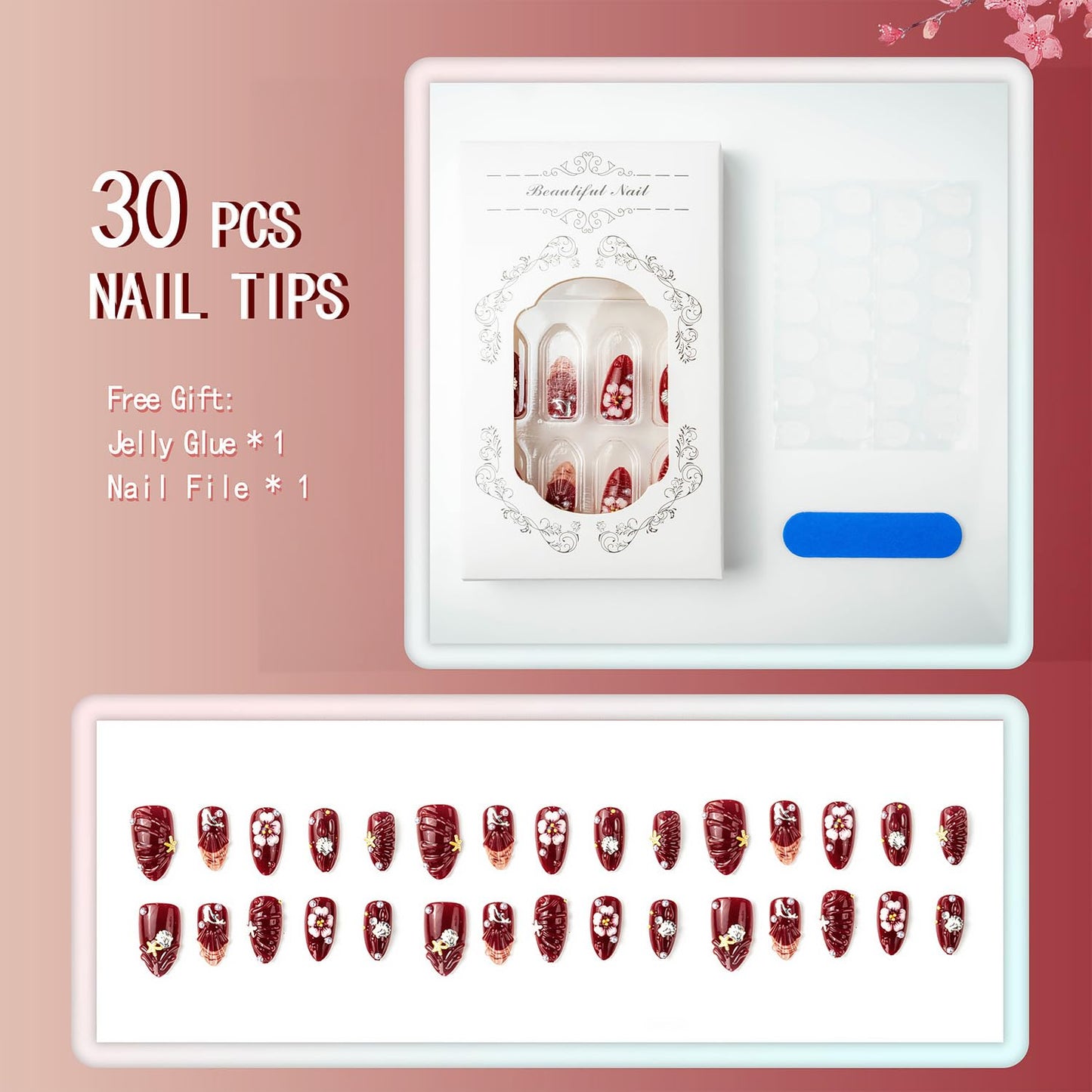 30Pcs Red Press on Nails Medium Almond Flower Fake Nails with Gold Silver Glitter Pearl Shell Design 3D Ripple False Nails Full Cover Artificial Glue on Nails Spring Summer Stick on Nails for Women