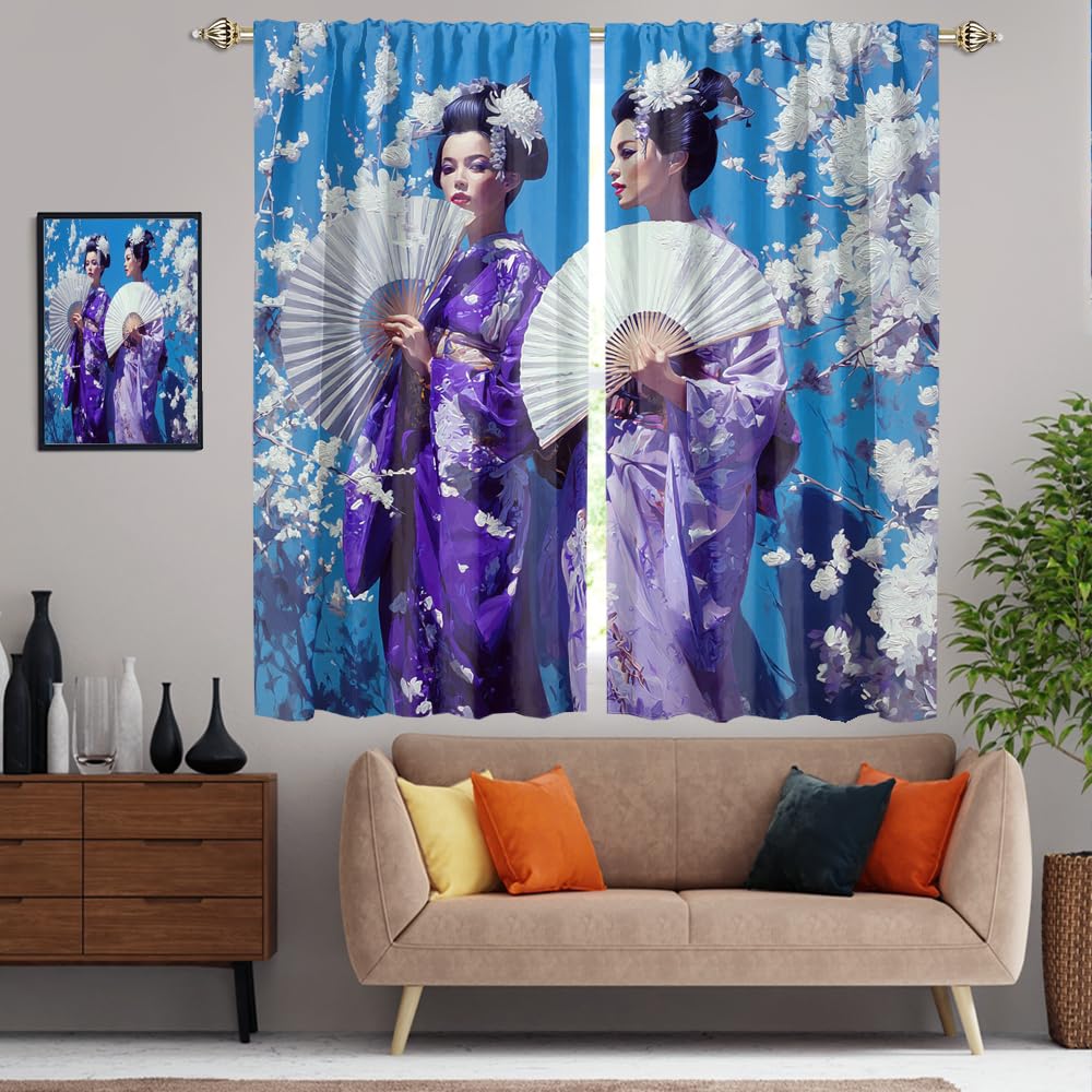XSUPFLYM Elegant Retro Japanese Geisha Blackout Curtain Beautiful Modern Spring Plant Cherry Blossom Tree Asian Girl Pattern Thermal Insulated Curtain for Bedroom 2 Panels Each 21" W x 45" L