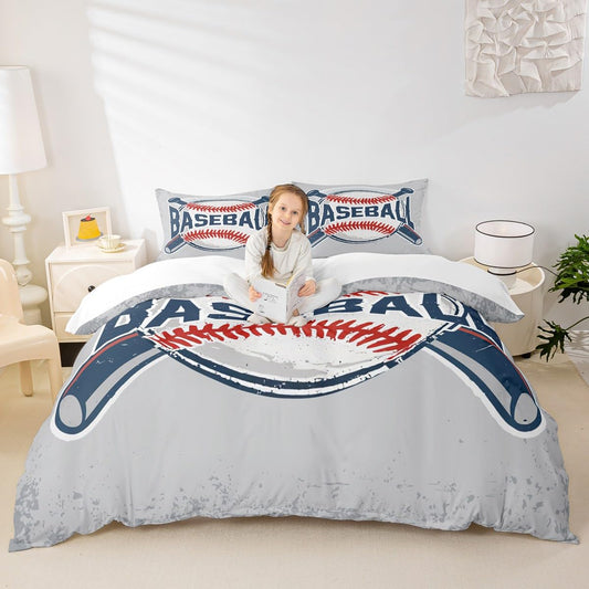 Homewish Sports Themed Bedding Set 3pcs for Kids Boys Teens Vintage Sports Baseball Comforter Cover Soft Polyester Duvet Cover Set with Zipper Ties (1 Duvet Cover + 2 Pillow Cases),Queen Size