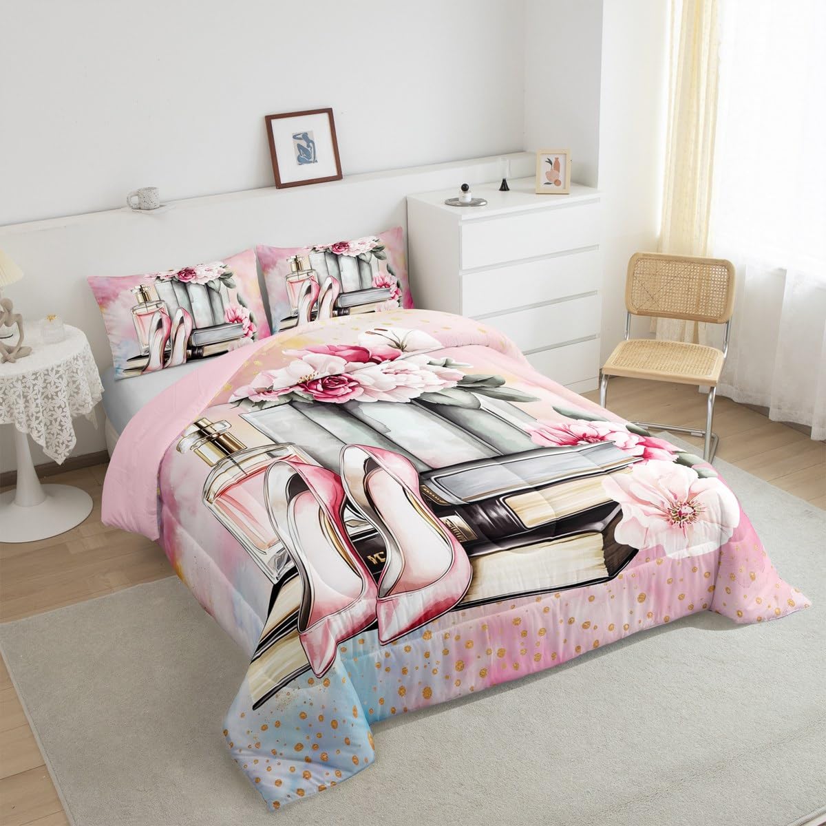 Erosebridal Pink Floral King Bedding Set for Girls Kids Teens Girly Modern Fashion Comforter Set Women Romantic Perfume Down Comforter Fantasy Dreamy High Heels and Book Quilt
