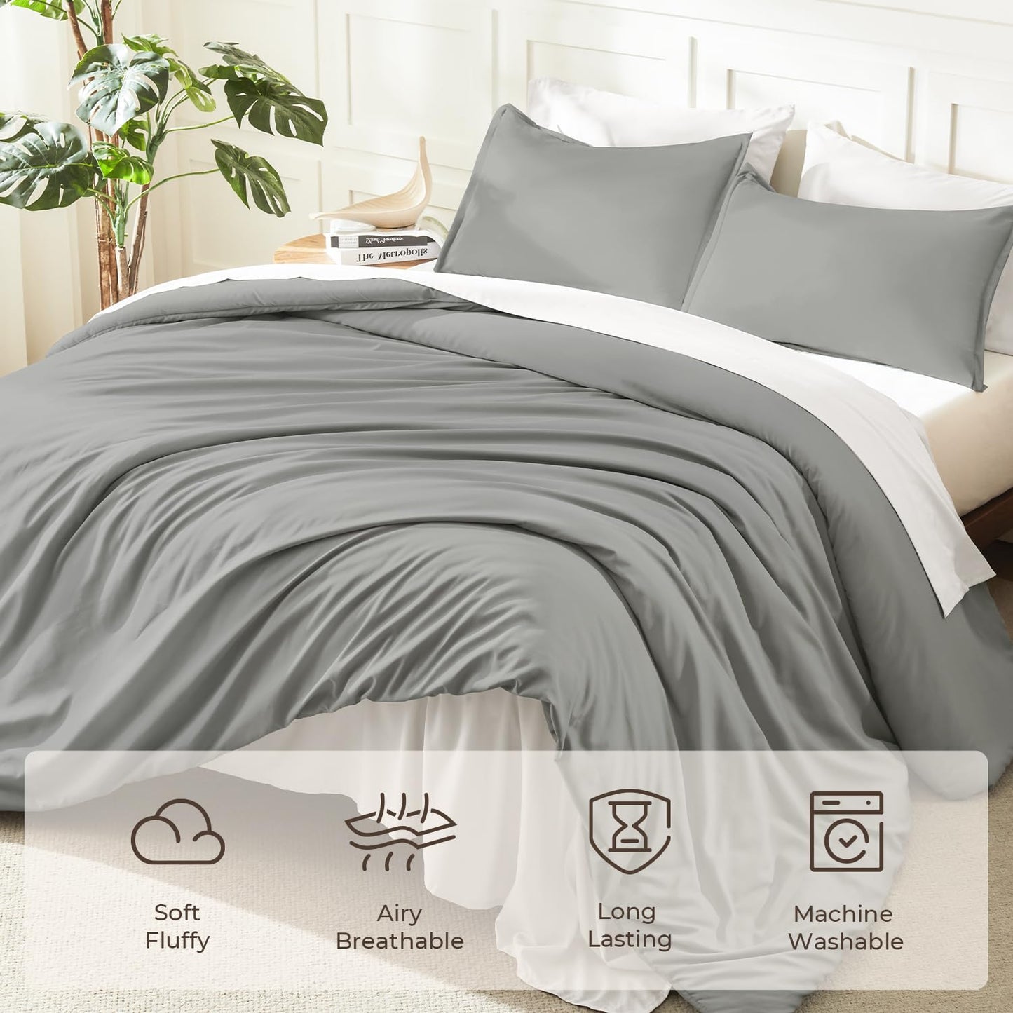Litanika Comforters Medium Gray King Size, 3 Pieces Lightweight Solid Bedding Set & Collections, All Season Fluffy Bed Set (104x90In Comforter & 2 Pillowcases)