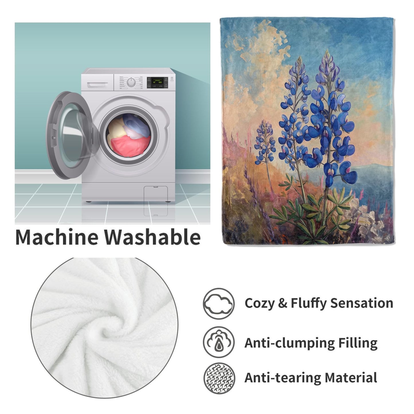 VANZEV Bluebonnet Flower Painting Blanket, Artistic Floral Flannel Throw Blankets,Soft Warm Lightweight Cozy Plush Throws for Bedroom Sofa Office Home Decor Gifts for Women Girls 60"x50"
