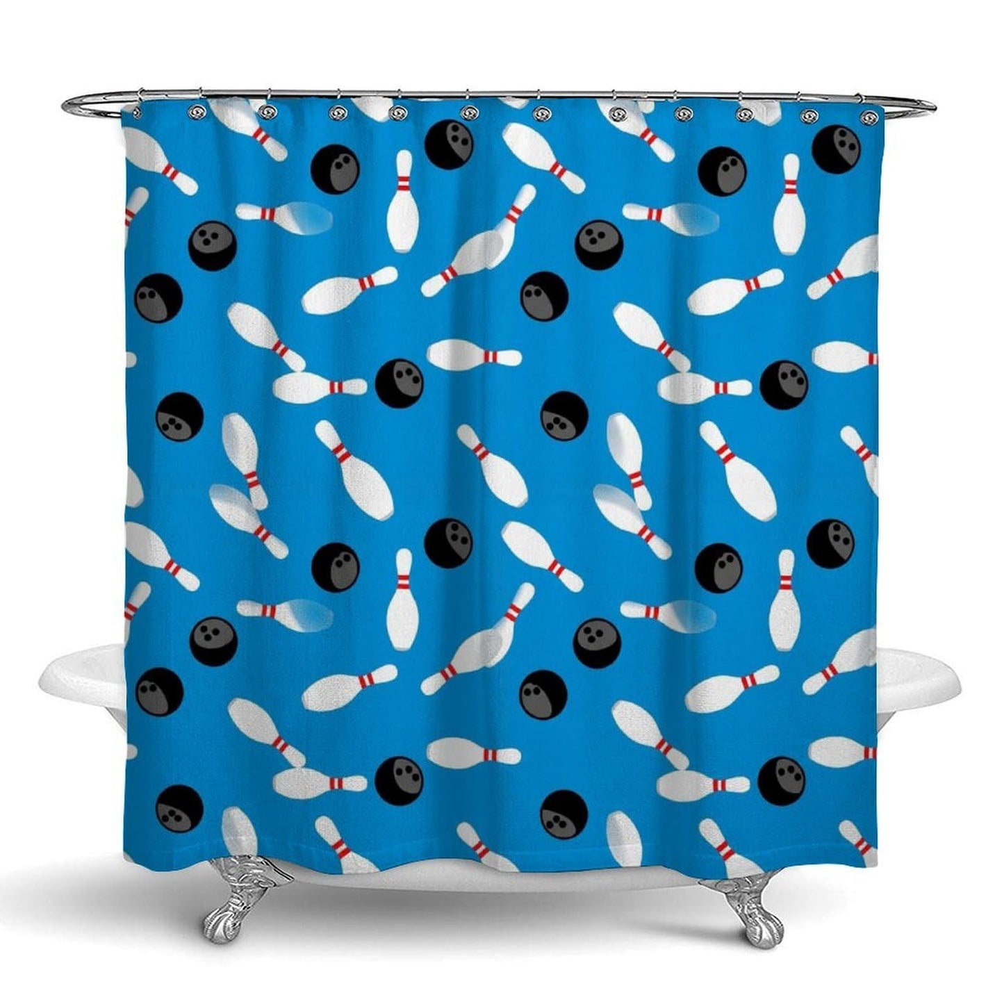 Meaudiwes Classic Bathroom Decoration Shower Curtain Set with Curtain Hooks Sport Bowling Ball Pins Blue, 72"x 70"