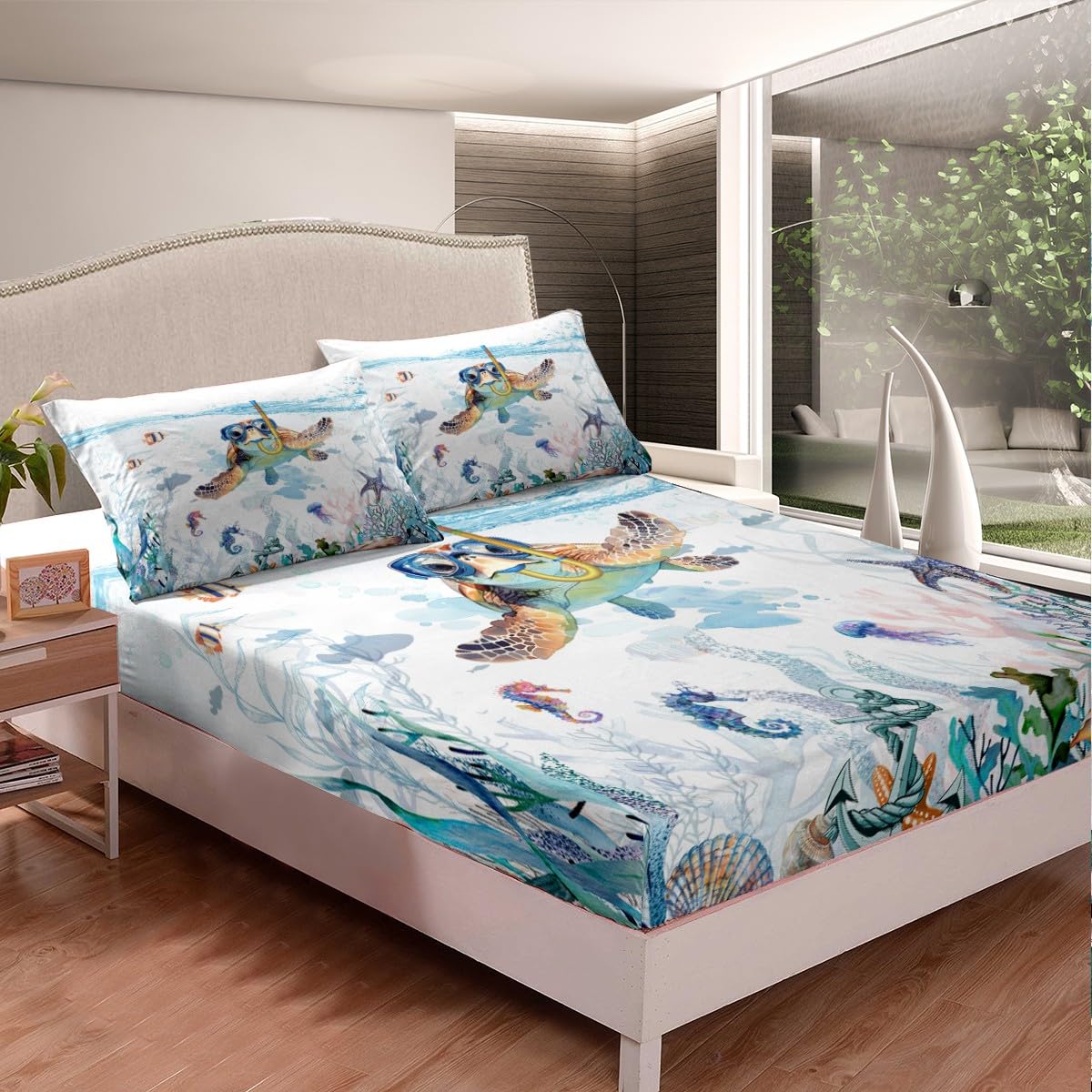 Feelyou Toddler Sea Turtle Bed Sheet Set Ocean Fitted Sheet for Kids Boys Girls Teens Room Decor Reptile Tortoise Bedding Set Twin Size Coastal Bed Cover Deep Pocket