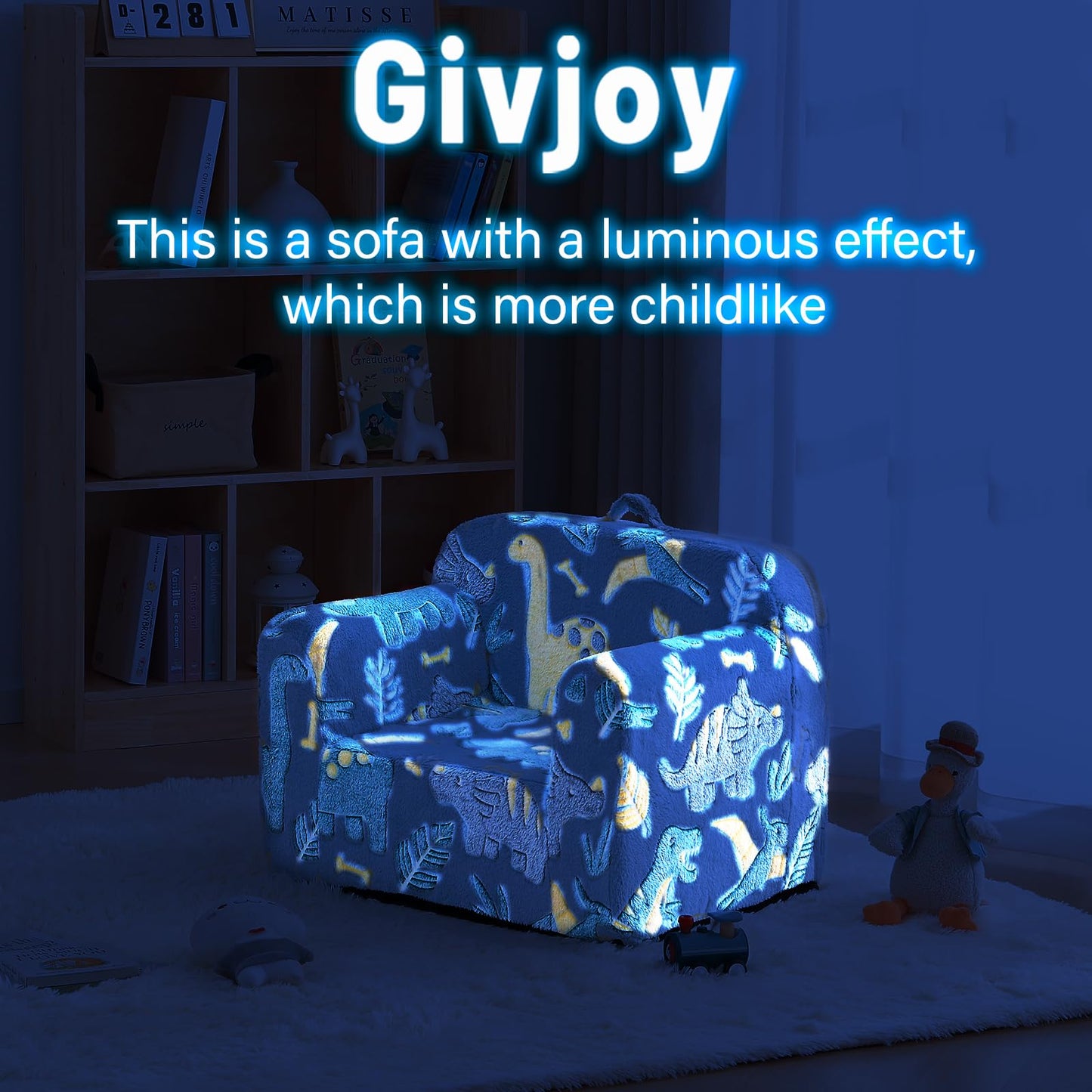 Givjoy Toddler Chair Plush Kids Couch, Comfy Glow in The Dark Dinosaur Chair with Removable and Washable Cover Carrying Handle Kids Sofa, Convertible Toddler Couch for Playroom Girls and Boys Green