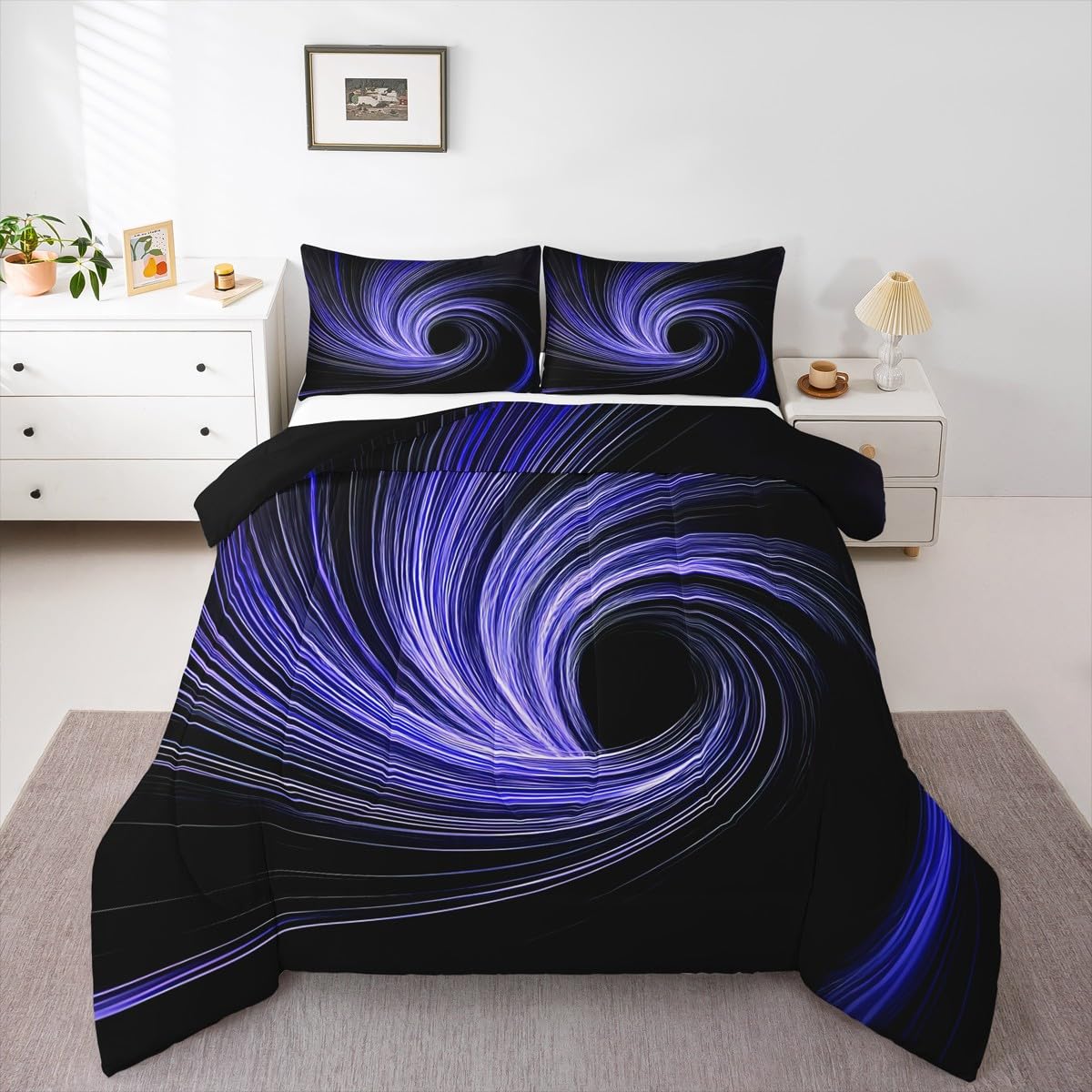 Erosebridal Blue Black Comforter Set King Modern Striped Circle Swirl Bedding Set Black Hole Abstract Geometric Comforter for Kids Boys Girls,Geometric Stripes Line Artwork Quilt Duvet