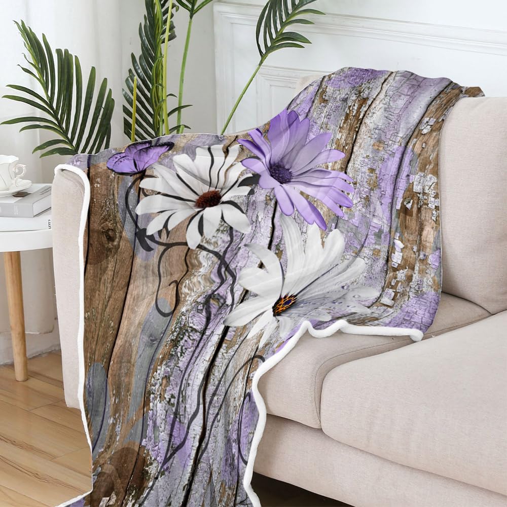 JAWO Farmhouse Flower Floral Throw Blanket, Rustic Purple Daisy Fleece Cozy Warm Bed Couch Blanket, Country Purple Brown Fleece Flannel Throws to Decorate the Room and Bedroom Warm Blanket 50X60IN
