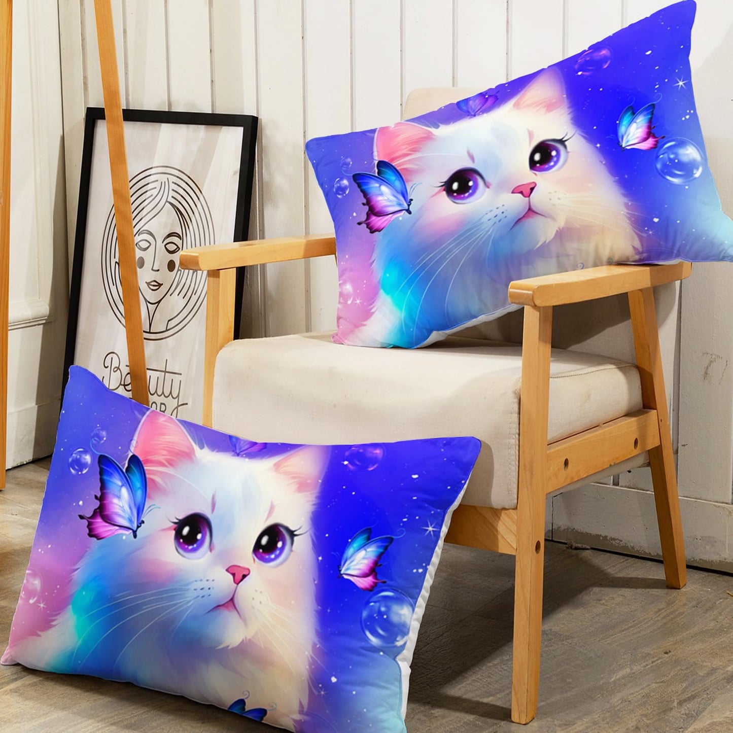 AILONEN Furry Cat Bed Sheet Twin Size, Cat & Butterflies Sheets for Kids Girls Animals Theme Dreamy Purple Bedding Set 3 Pieces Set, 1 Fitted Sheet and 2 Pillowcases