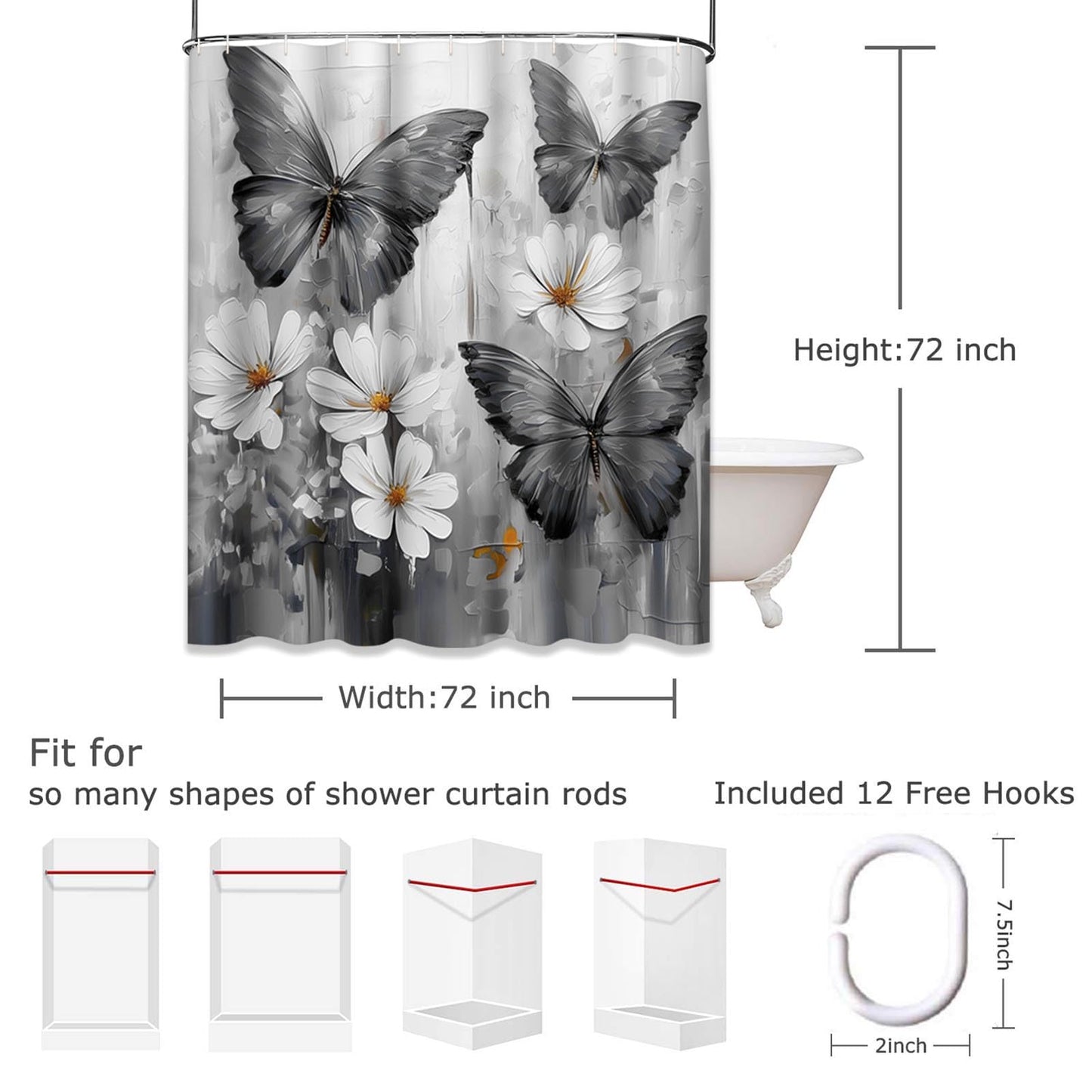 Emvency Shower Curtain Tropical Morpho Butterflies Daisy Flowers Black Bathroom Home Decor Waterproof Polyester Fabric 72 x 72 inches Set with Hooks