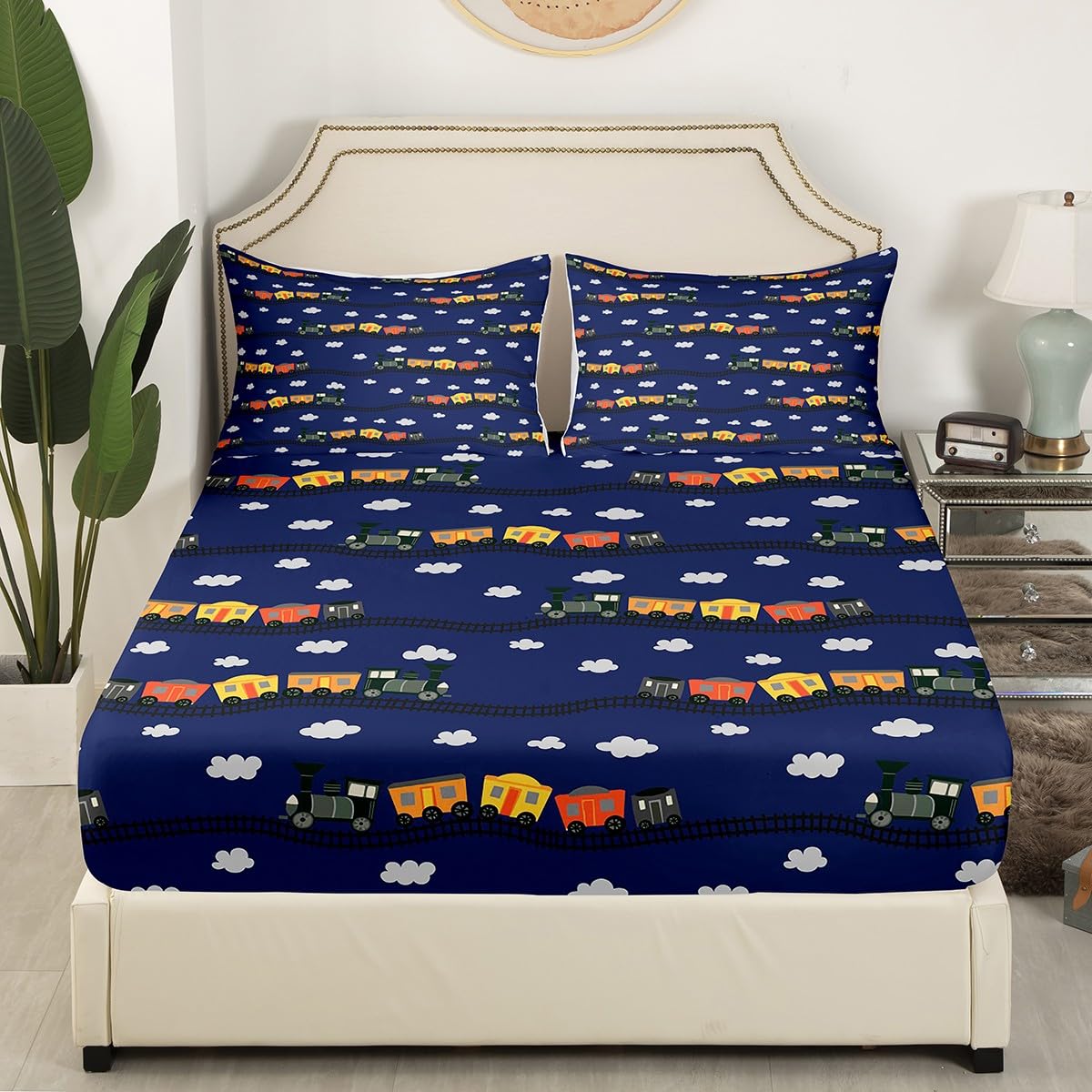 Erosebridal Cartoon Train Sheets Navy Locomotive Train Sheet Set Queen,Smoking Steam Engine Bed Sheets Set for Kids Toddler Cute Clouds Transportation Cars Top Fitted Sheet 4 Pieces
