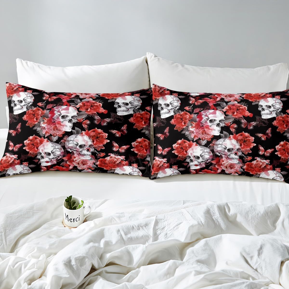 jejeloiu Kids Halloween Decor Bed Sheets Set Twin Size Gothic Skull Bed Set for Kids Boys Girls Rose Blossoms Print Deep Pocket Fitted Sheet Spooky Halloween Decorations Breathable Soft
