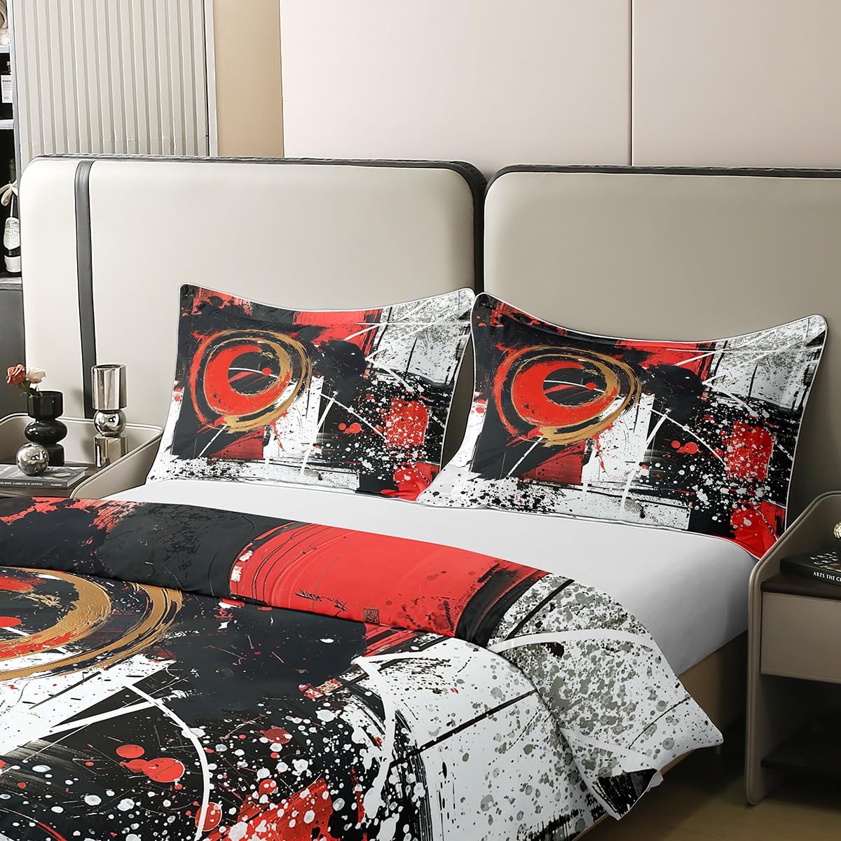 jejeloiu Agate Red Circle Duvet Cover 100% Cotton King Size Kids Abstract Geometric Comforter Cover for Boys Girls Teens Modern Art Bedding Set Breathable Soft Room Decor