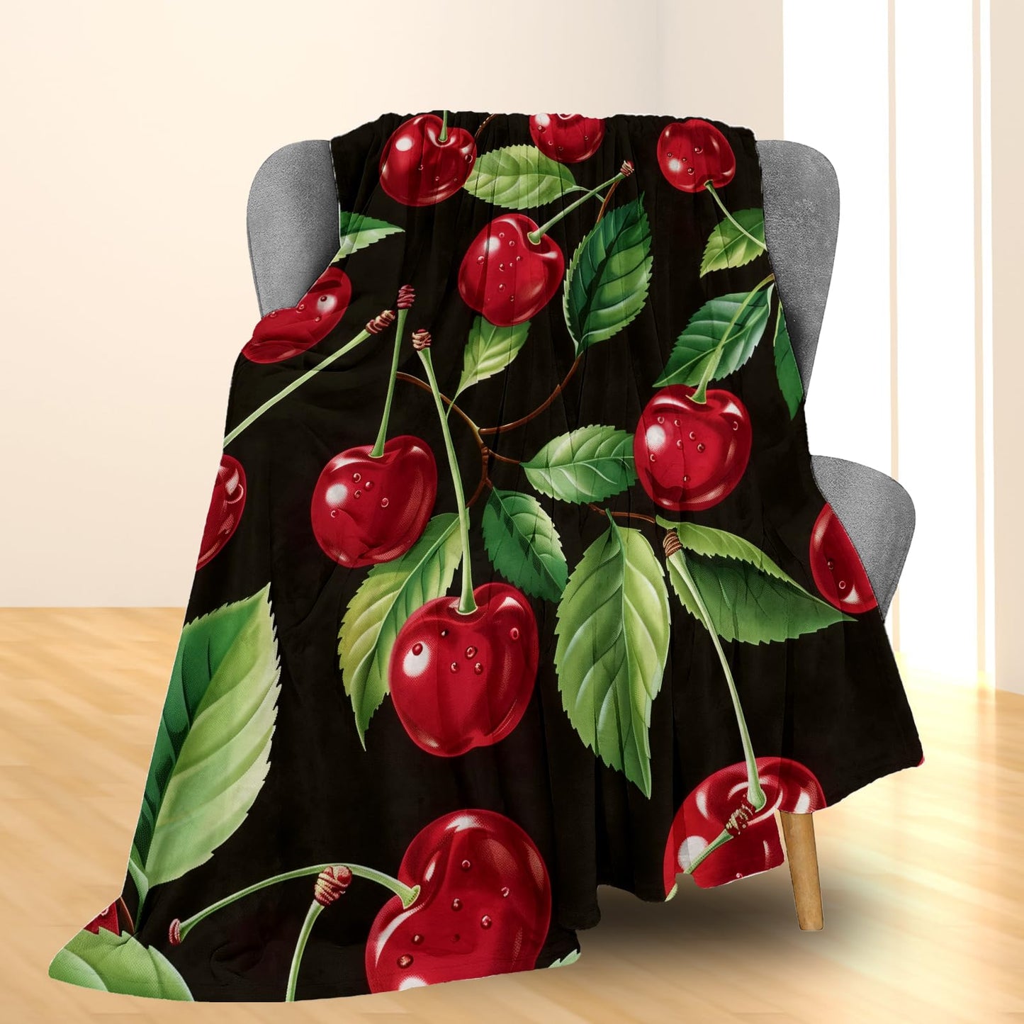 Ti Caldi Cherry Blanket - Ultra Soft, Fluffy, Lightweight Fruit Flannel Throw Blankets for Couch, Bed, Travel, Outdoor - Cozy, Fuzzy Home Decor, for Adults Kids Women Boys Girls 60×50 in