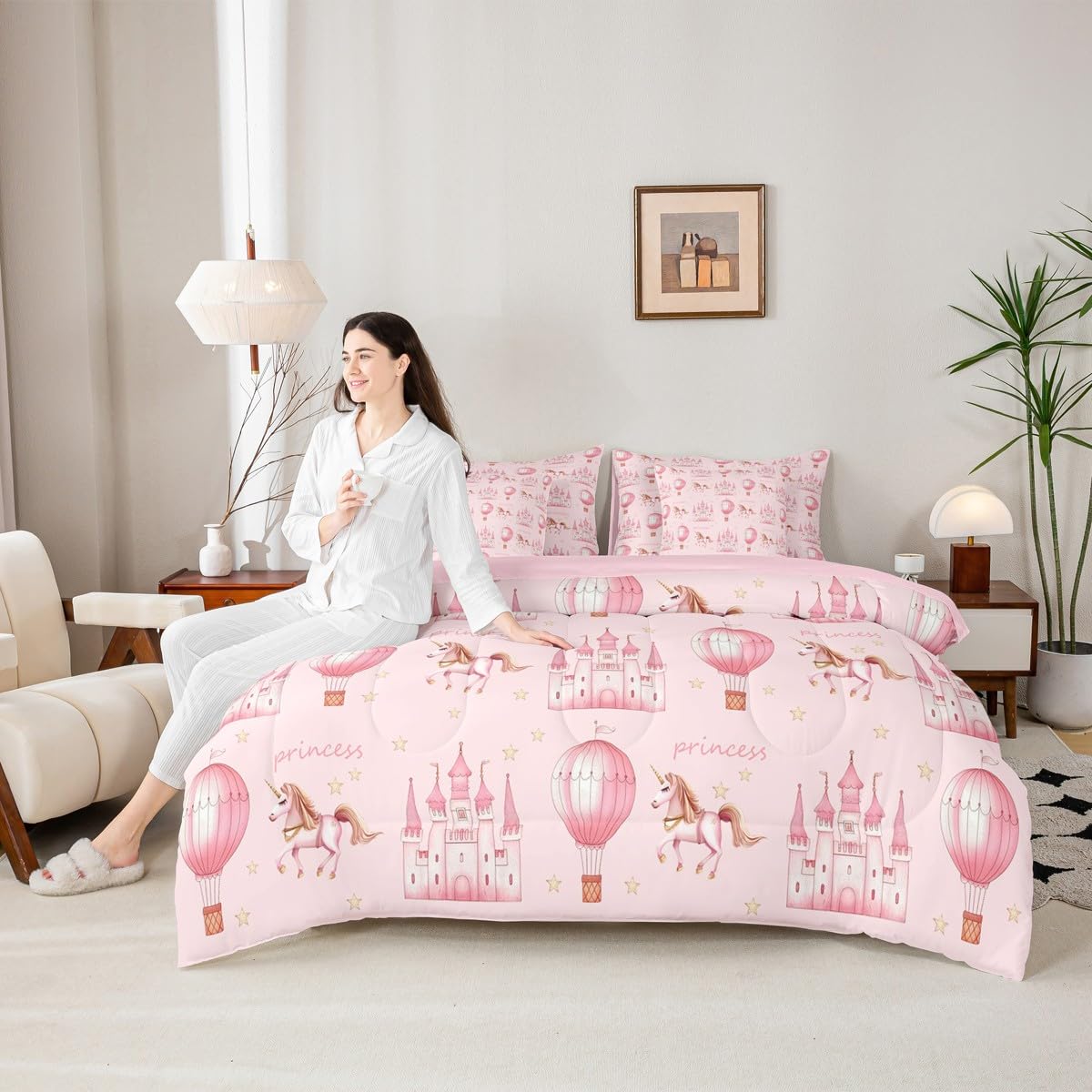 Feelyou Castle Comforter Set Queen Size 7 Pieces Princess Style Bedding Set Cute Bed in a Bag with Comforter, Sheets, Pillowcases, Cushion Covers Girls Dreamy House Bedroom Decor Fairytale Quilted