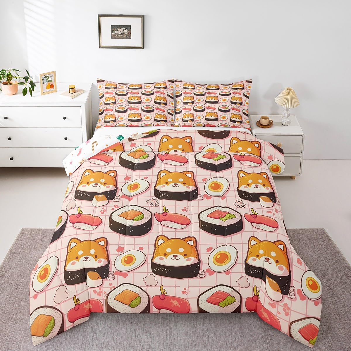 Erosebridal Kids Sushi Bedding Set Queen,Cute Shiba Inu Comforter Set Sushi Gifts for Kids Girls Boys,Kawaii Dog Puppy Quilt Bed Set Funny Food Bed Comforter Sets with 2 Pillowcases Room Decor