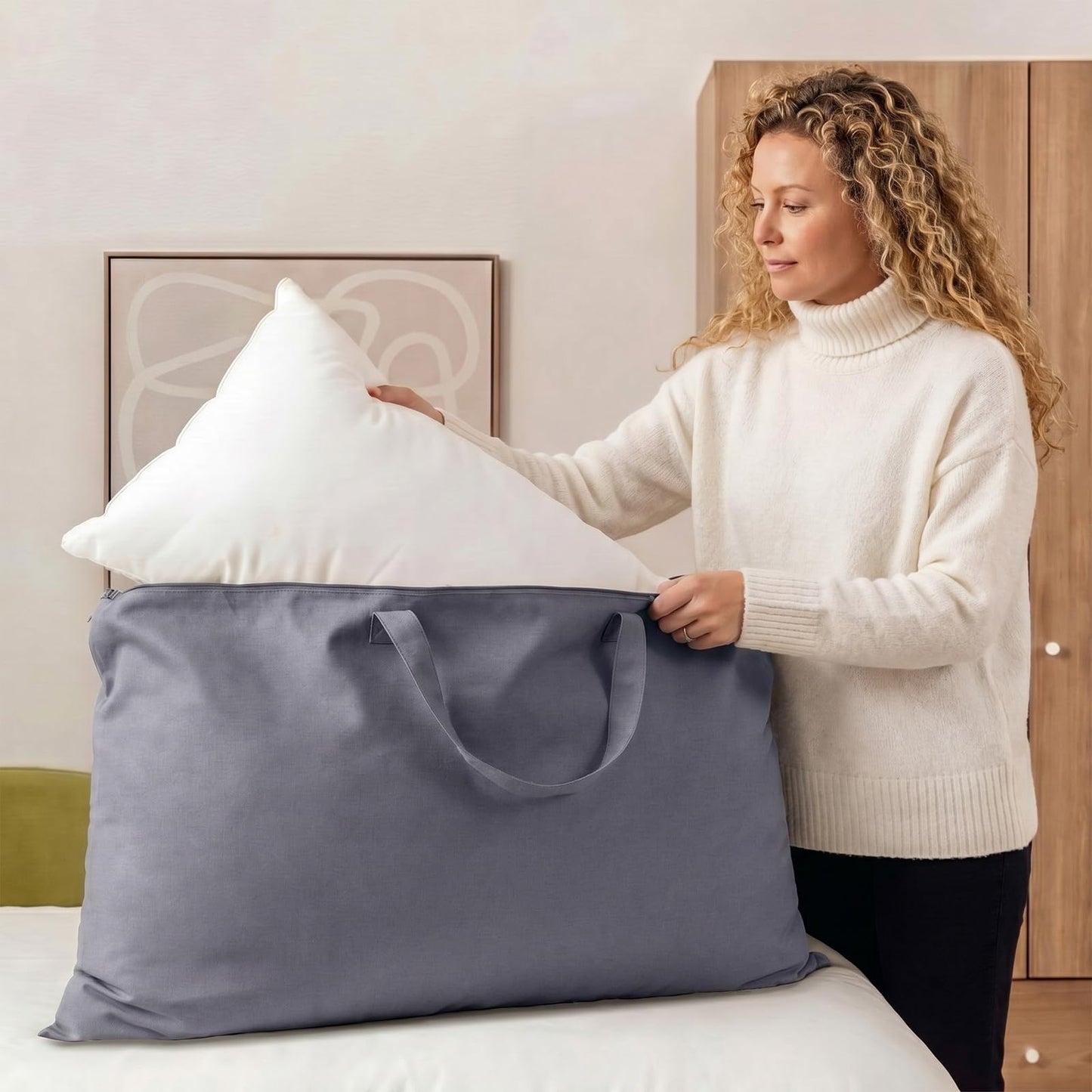 GliCraft 2 Pack 100% Cotton 20"x 36" Grey Canvas Travel Pillow Storage Bag with Handles for Home Travel Beddings Comforters Blankets Saree Linens Organizer Thick Soft Breathable Closet Bags