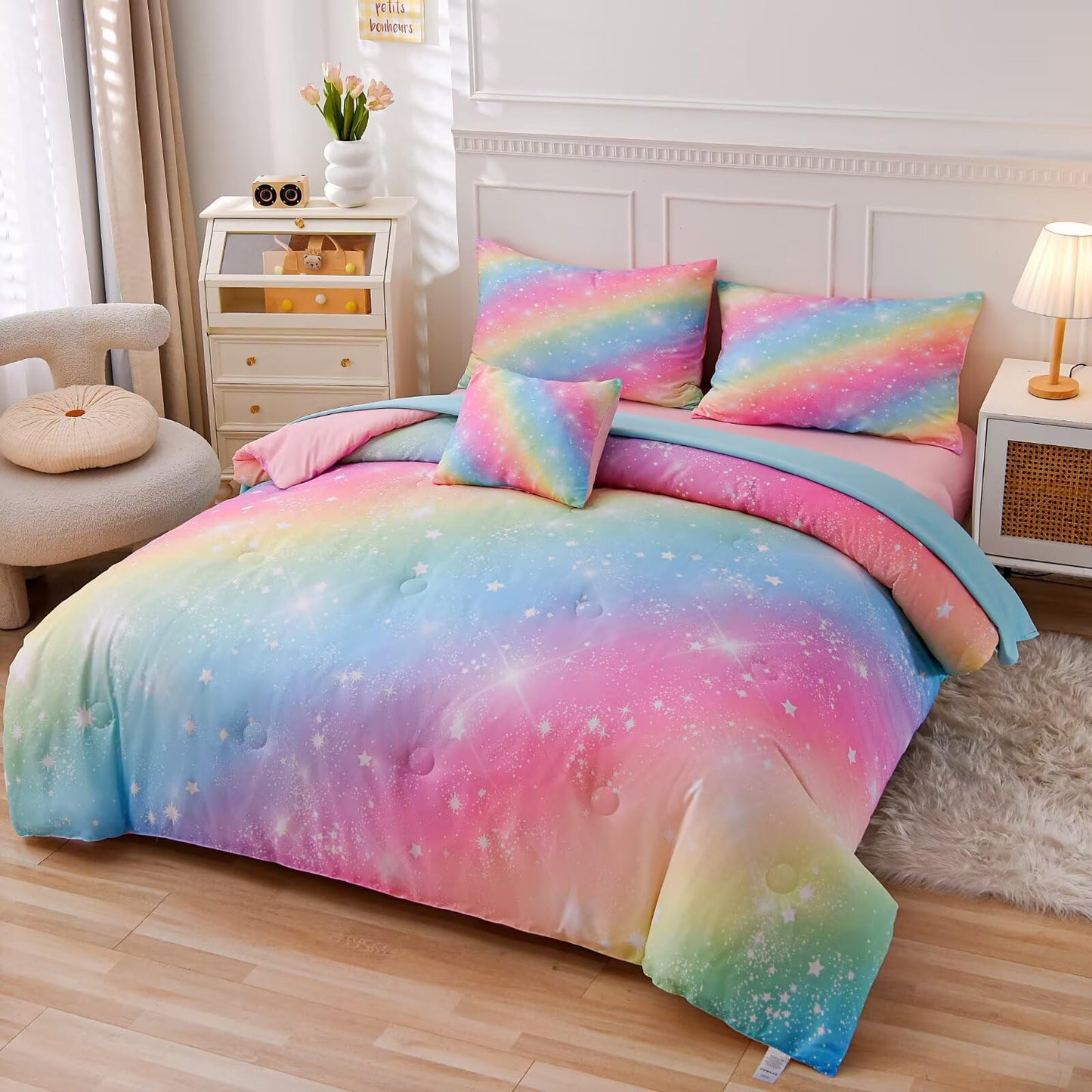 GRAT TIOC 6 Pieces Pink Twin Comforter Set for Girls,Kids Glitter Galaxy Rainbow Bedding Sets Bed in A Bag (1 Comforter, 1 Flat Sheet,1 Fitted Sheet,2 Pillowcases and 1 Cushion Cover)