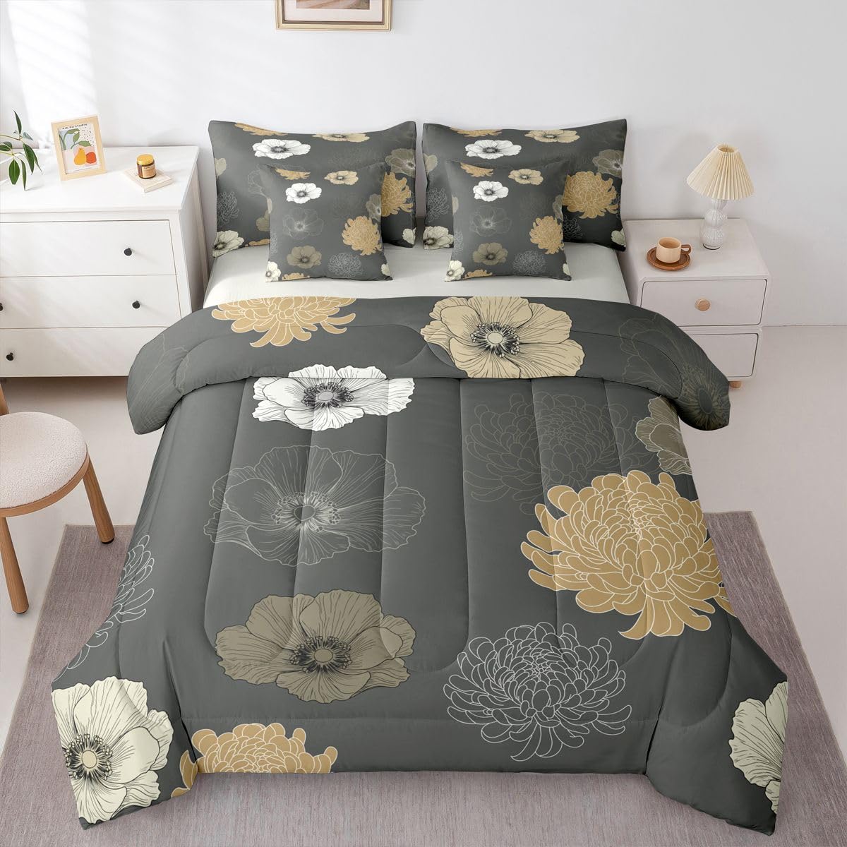Feelyou Floral Flower 7 Piece Bedding Set Grey Brown Comforter Set with Sheets for Kids Boys Girls Poppy Flower Hydrangea Bed in a Bag Damask Print Bed Set Soft Lightweight