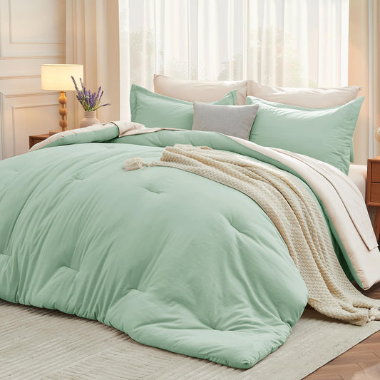 MUXHOMO 7 Pieces King Comforter Set, Soft Bed in a Bag King Size, All Season Bedding Set with Comforter, Flat Sheet, Fitted Sheet, Pillowcases & Shams, Sage Green & Beige