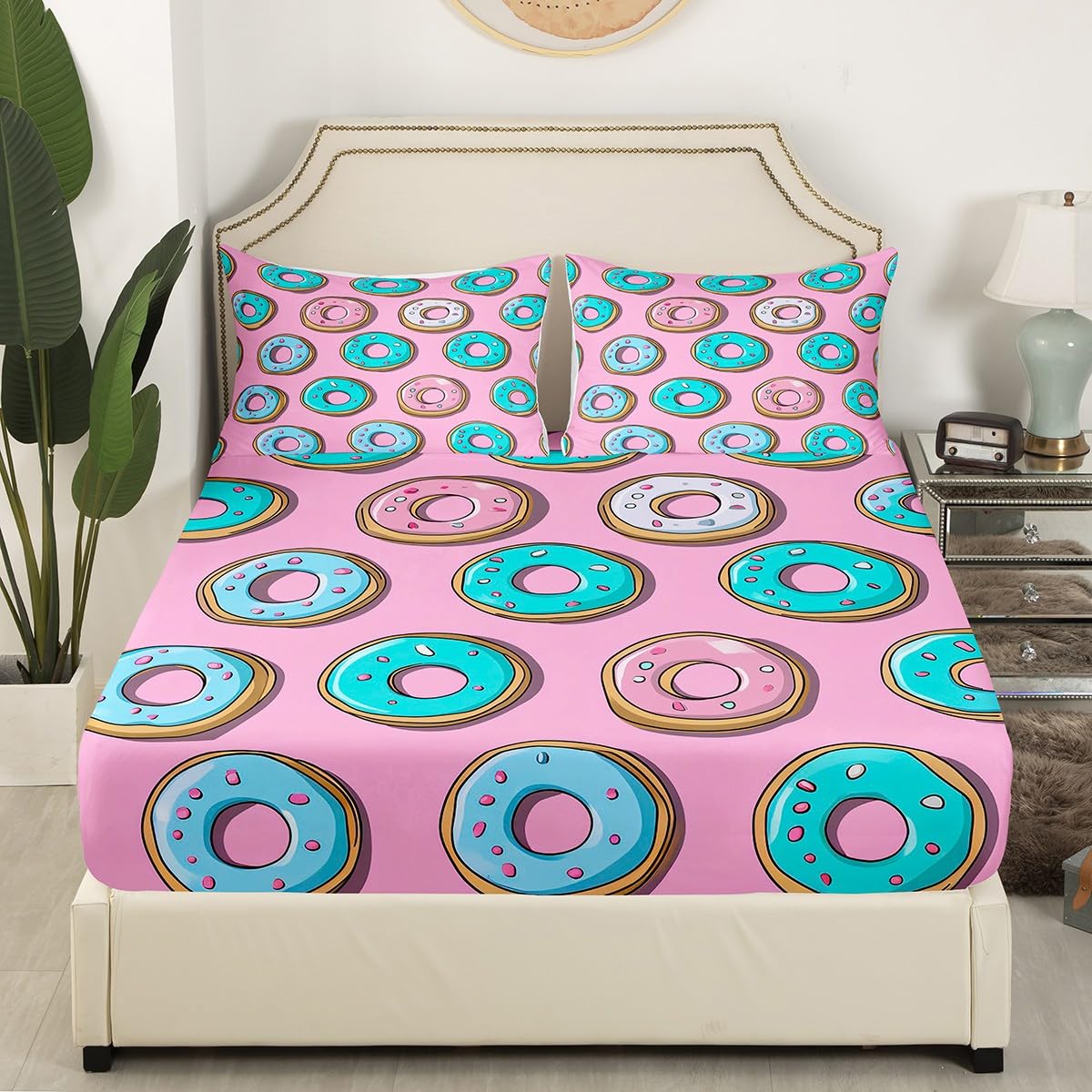 Feelyou Pink Donuts Bed Sheets Set Girls French Macarons Bedding Queen Size Includes 1 Fitted Sheets & 2 Pillowcases (No Flat Sheet)
