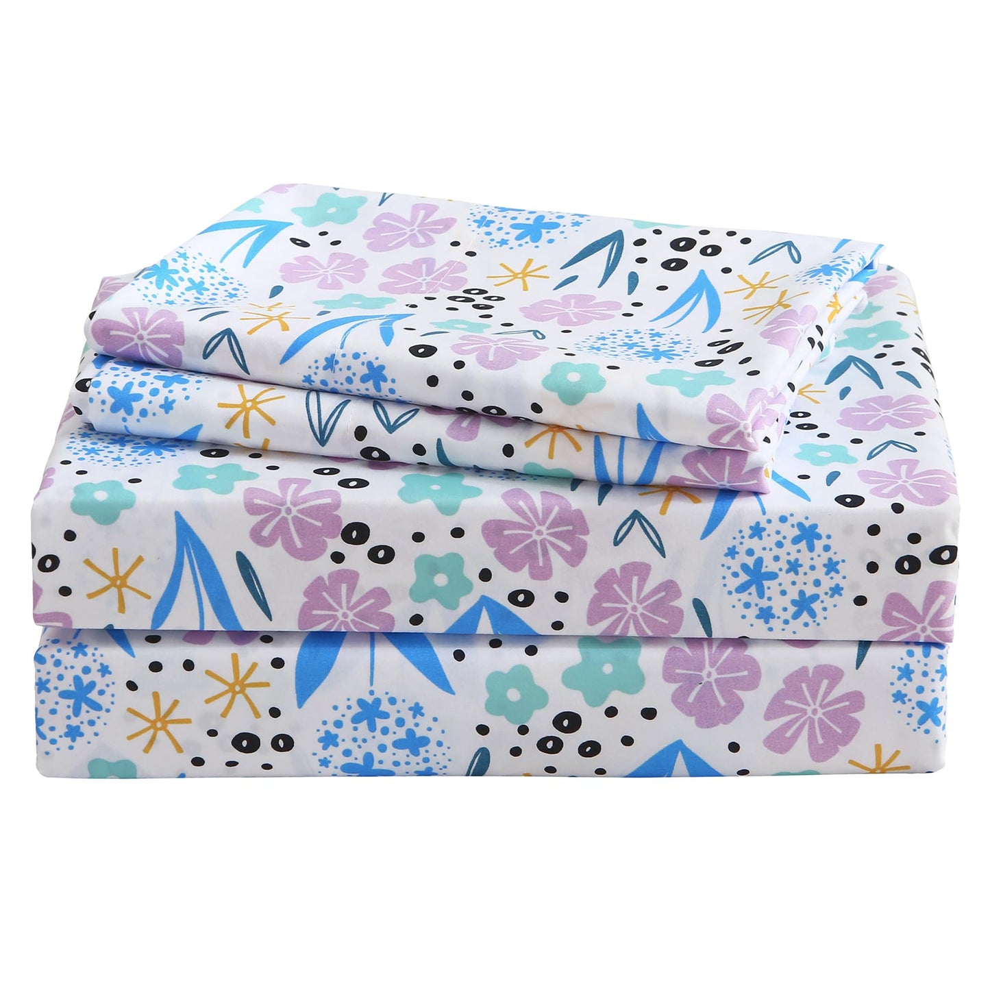 Viviland 3 Pieces Girls Purple Floral Twin Sheet Set - Soft Microfiber Fitted Flat Sheets & Pillowcase - Purple Colorful Flower Print Bedding Sets - for Kids & Toddlers