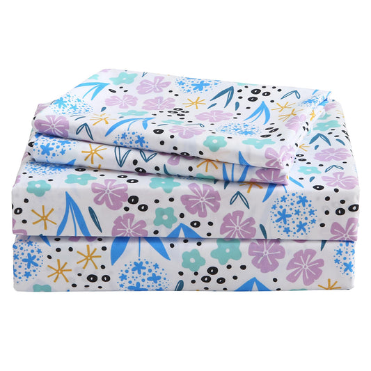 Viviland 3 Pieces Girls Purple Floral Twin Sheet Set - Soft Microfiber Fitted Flat Sheets & Pillowcase - Purple Colorful Flower Print Bedding Sets - for Kids & Toddlers