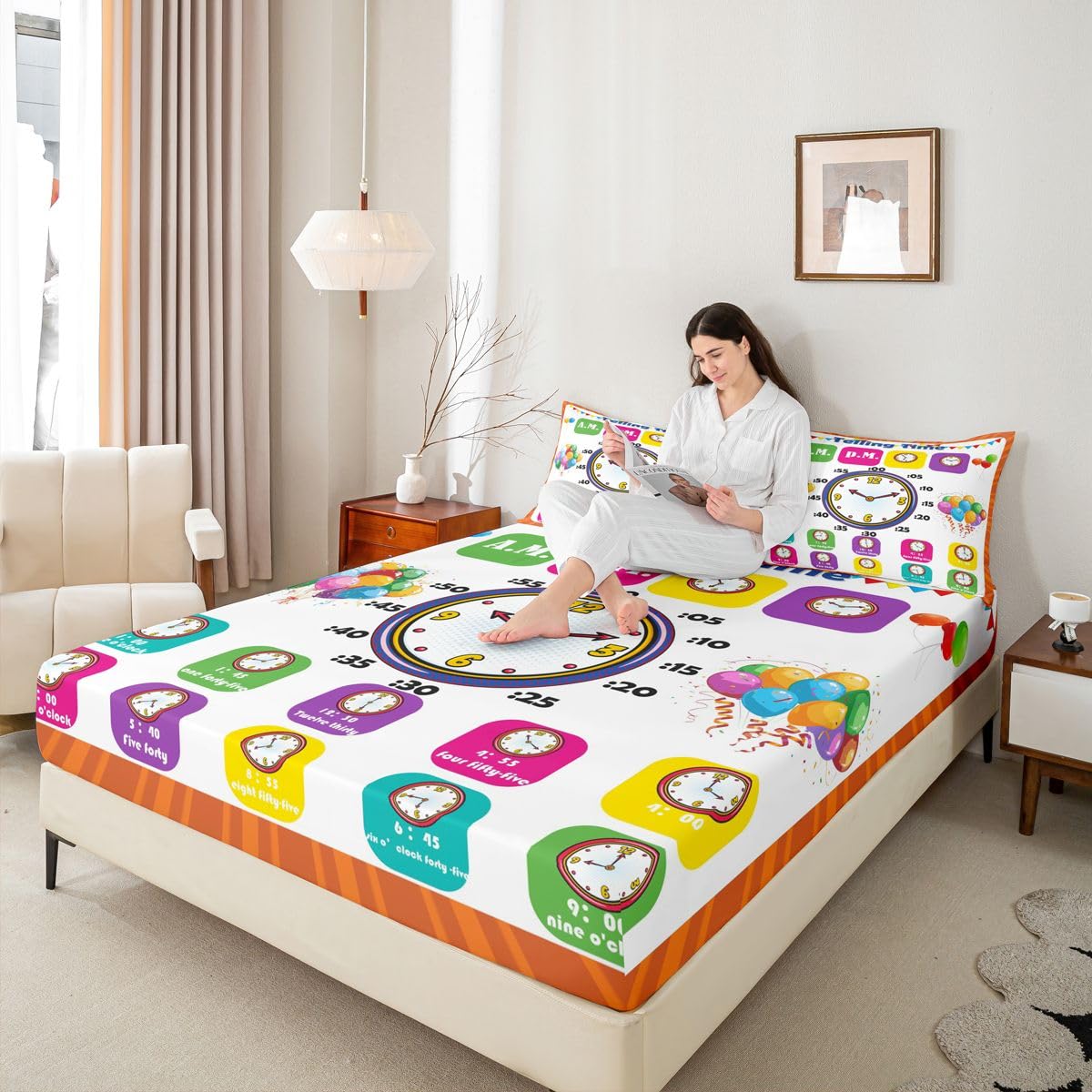 Educational Fitted Sheet Twin, Time Learning Bedding Set for Kids Boys Girls - Lightweight Bed Cover (No Flat Sheet)