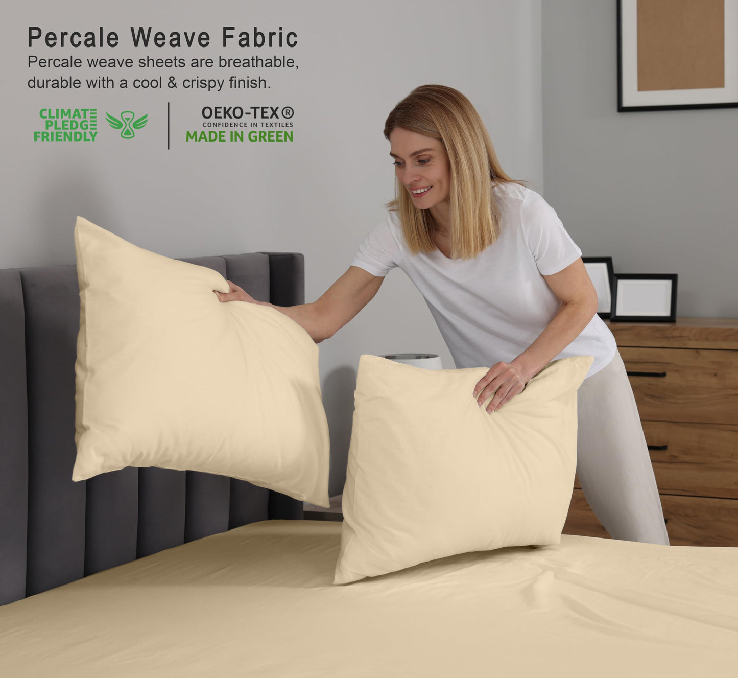 RUVANTI 100% Cotton Percale Sheets, Full Size, Beige