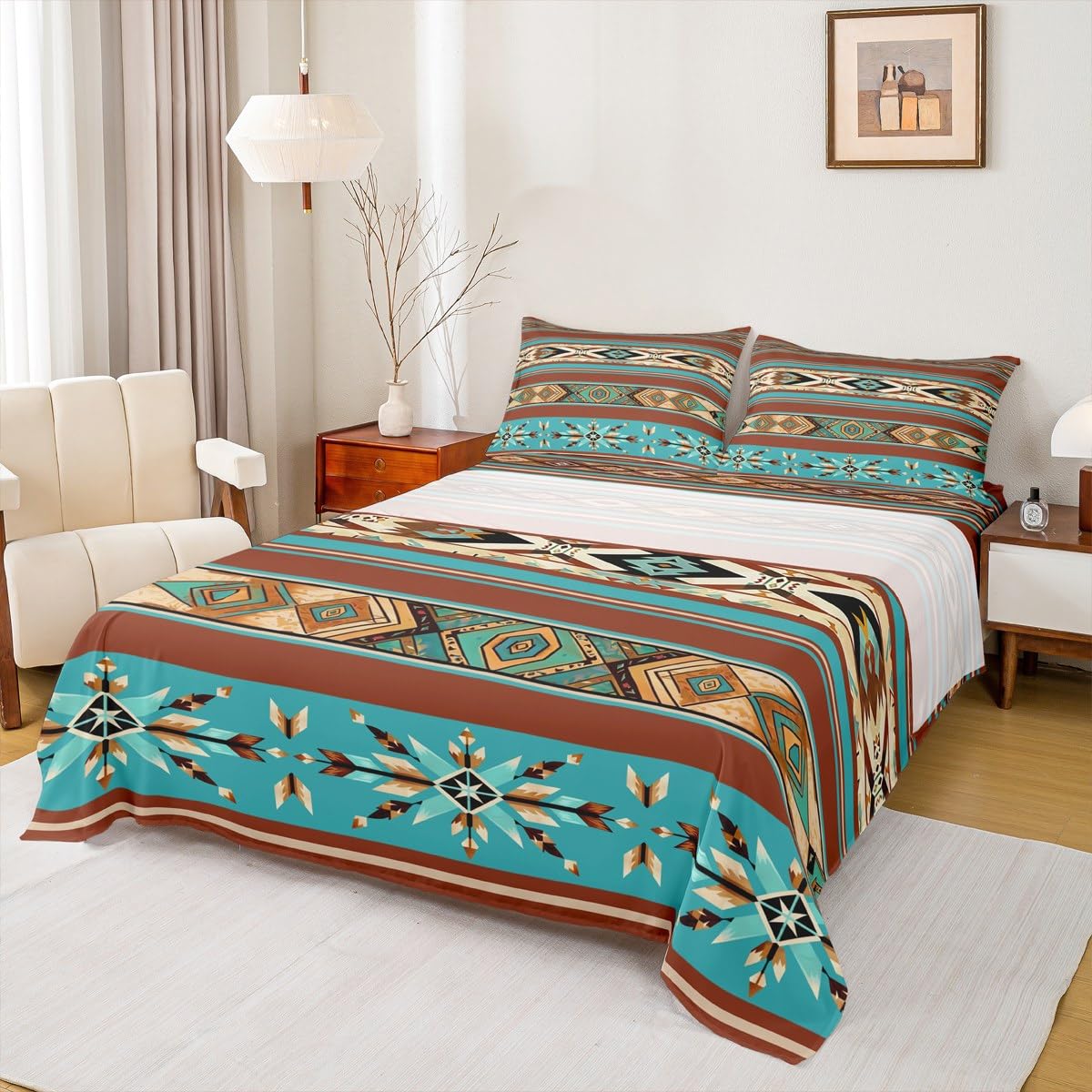 jejeloiu Southwestern Aztec Bed Sheets Sets Queen Size Kids Boys Girls Western Aztec Bedding Set Boho Bed Sheet Set with 16-Inch Deep Pockets Geometric Ethnic 4Pcs with 2 Pillow Cases