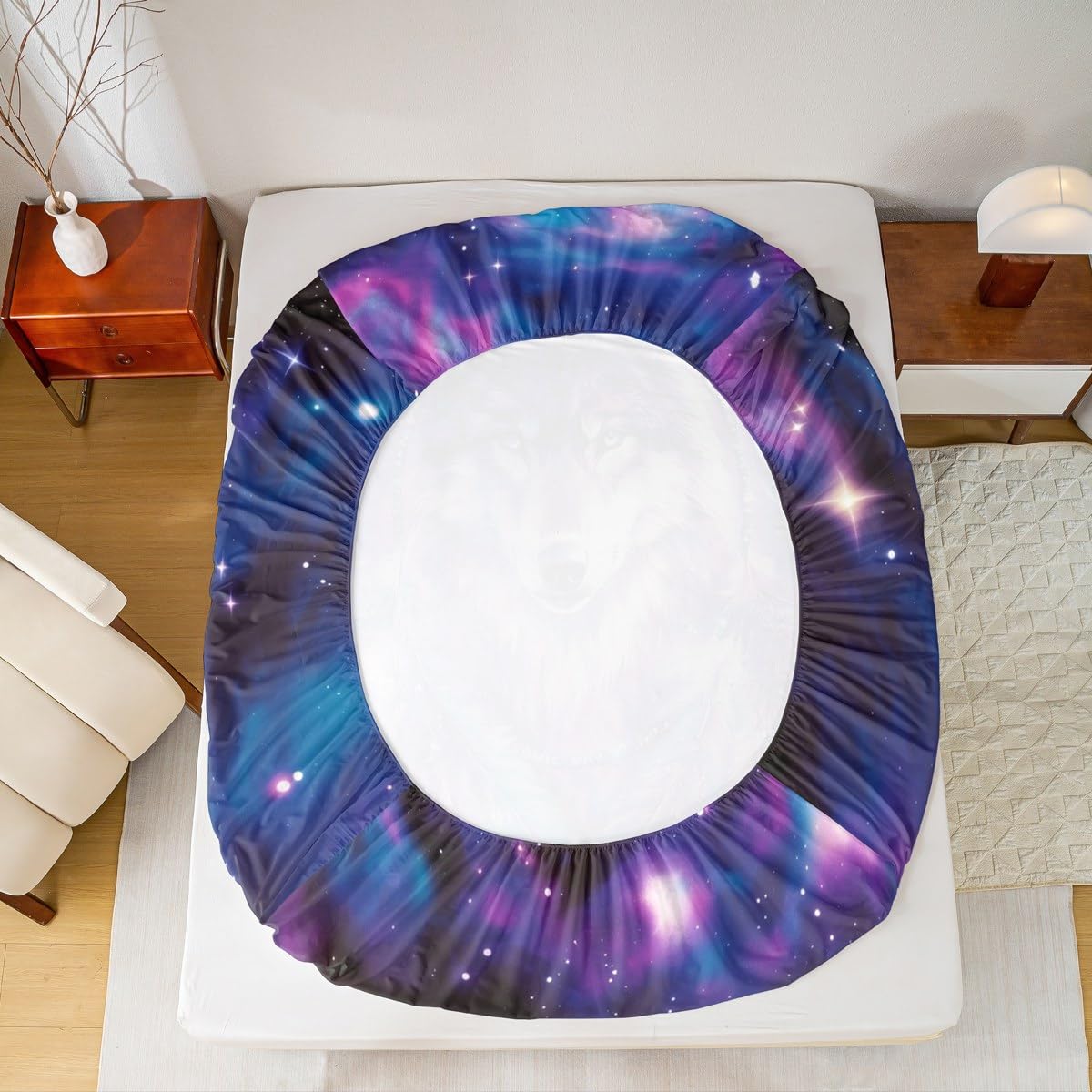 Erosebridal Full Wolf Bed Set Tribal Animal Bed Sheets Set Bohemian Feather Wildlife Flat Fitted Sheet for Kids Adult Women Men Starry Sky,Purple Bedding Sets for Bedroom Decor with 2 Pillow Cases