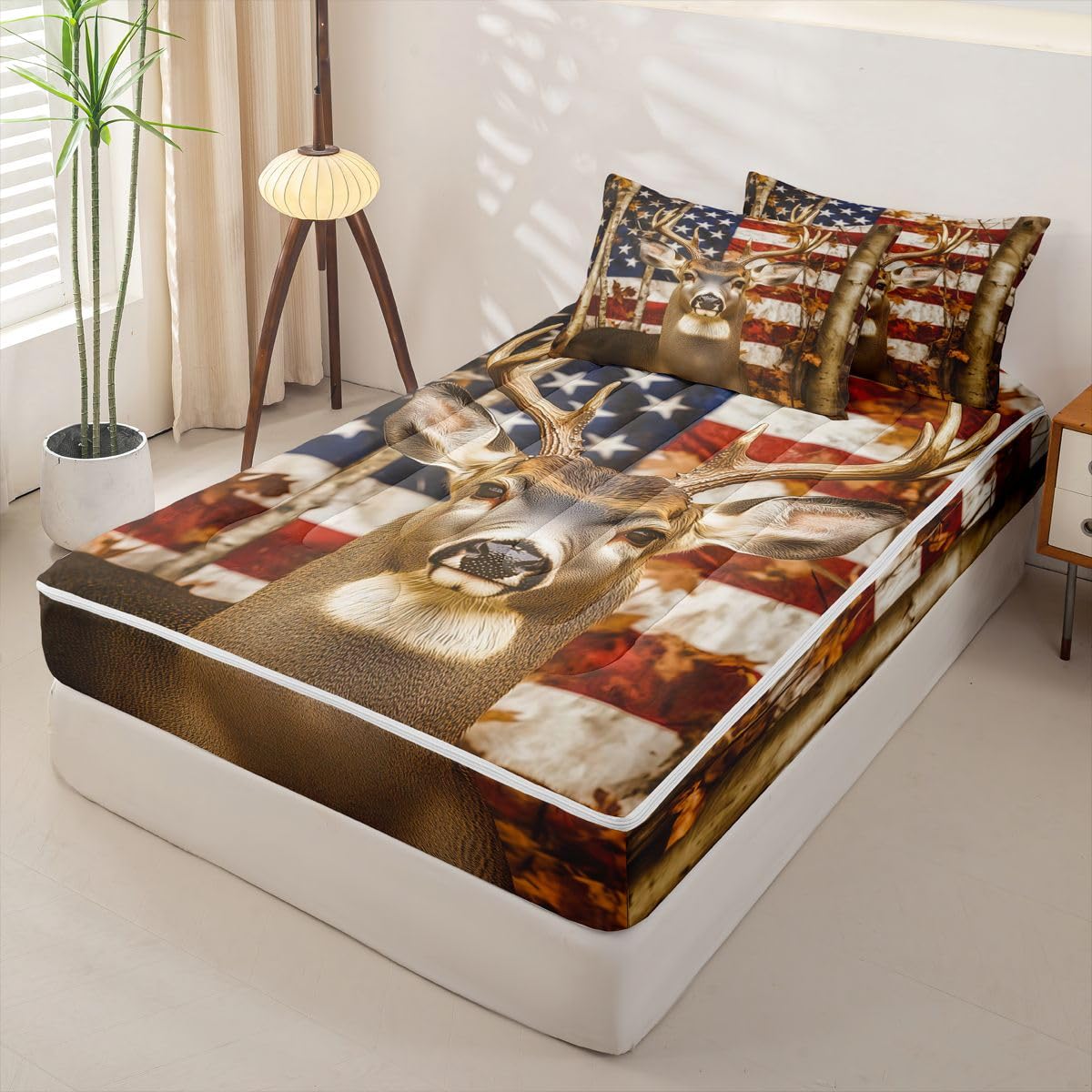 Feelyou American Flag Comforter Set Twin Size Zipper Bedding Set for Girls Boys Cute Deer Comforter with Fitted Sheet, Pillowcases Deer Hunting Zipper Bedding Soft Breathable Bed in a Bag