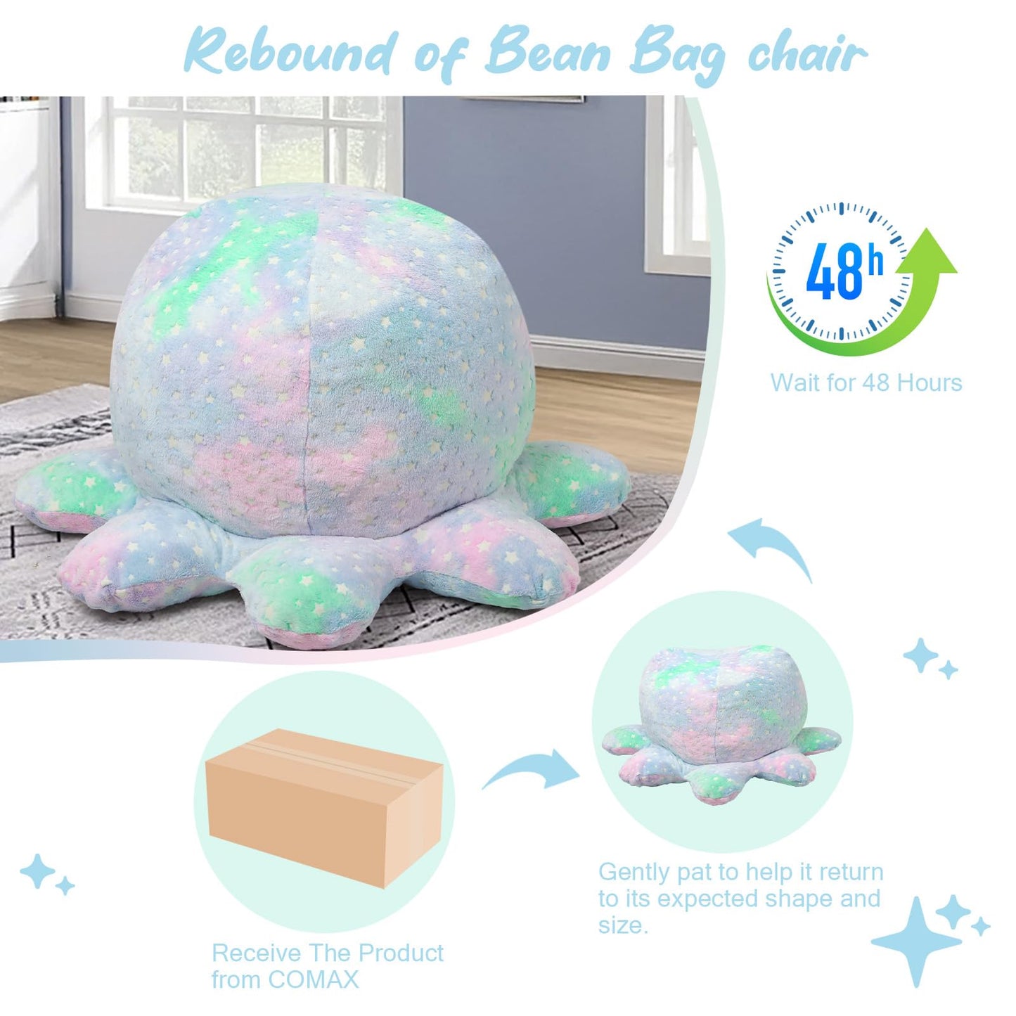 COMAX Bean Bag Chairs for Kids 8-12, Large Kid Beanbag Chair with Filler, Big Toddler Lazy Floor Stuffed Couch Sofa for Girls Boys, Glowing Star