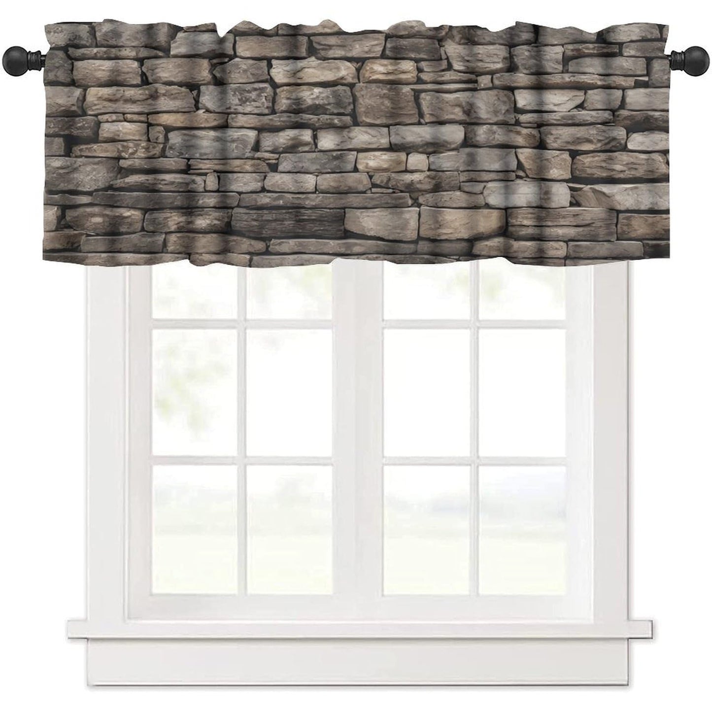 LOMADIA Retro Stone Brick Wall Kitchen Valance Curtain,Rocks Stone Wall Nature Scenery Rod Pocket Drapes Treatments Window Curtains for Living Room Office Cafe Bedroom Decor 54" W x 18" L (Pack of 1)
