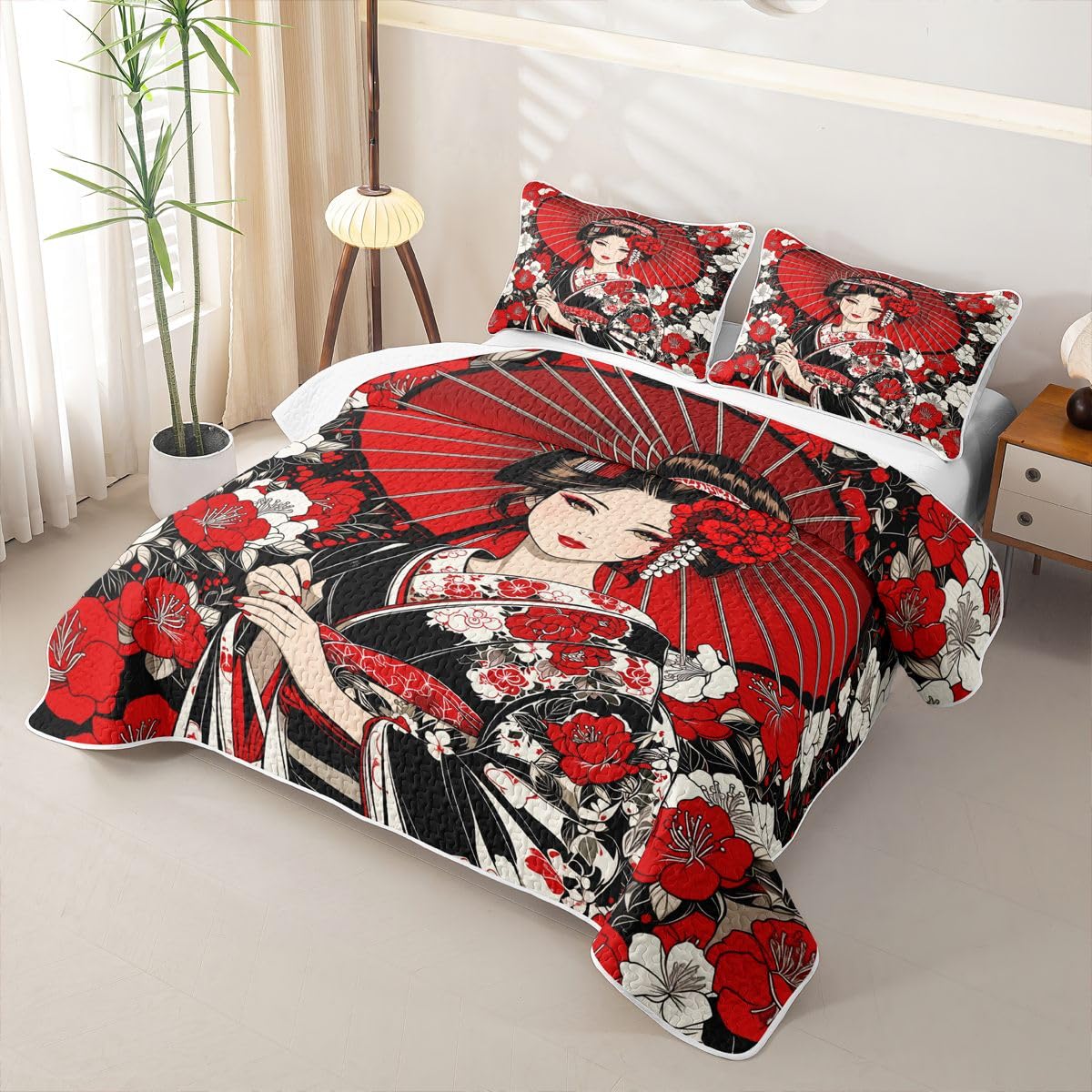 Erosebridal Japanese Geisha Quilts Twin Size - Japanese Flowers Bedspread Coverlet Set, Artistic Japan Quilt Coverlets 2Pcs (Only 1 Pillowcase)