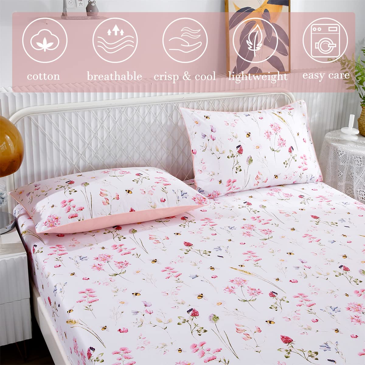 URBONUR Garden Floral Sheets 4 Piece Pink Bees Print Luxury 100% Cotton Bed Sheet Set - Silky & Smooth Bed Set for All Season Bedoom Decor Home Collection (4pcs, Queen, Pink Floral Bee)