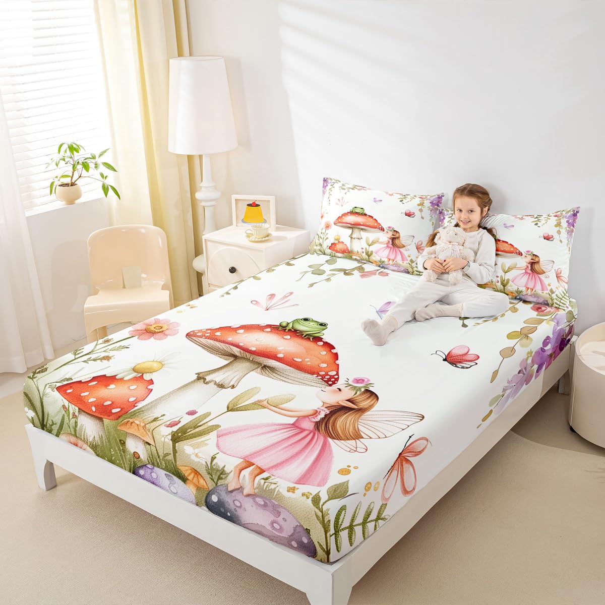 Erosebridal Fairy Garden Twin Bedding Set - Mushroom & Frog Fitted Sheet for Kids Girls, Butterfly Floral Forest Themed Bottom Sheets Only | Whimsical Fairies Bed Set 2 Piece Room Decor