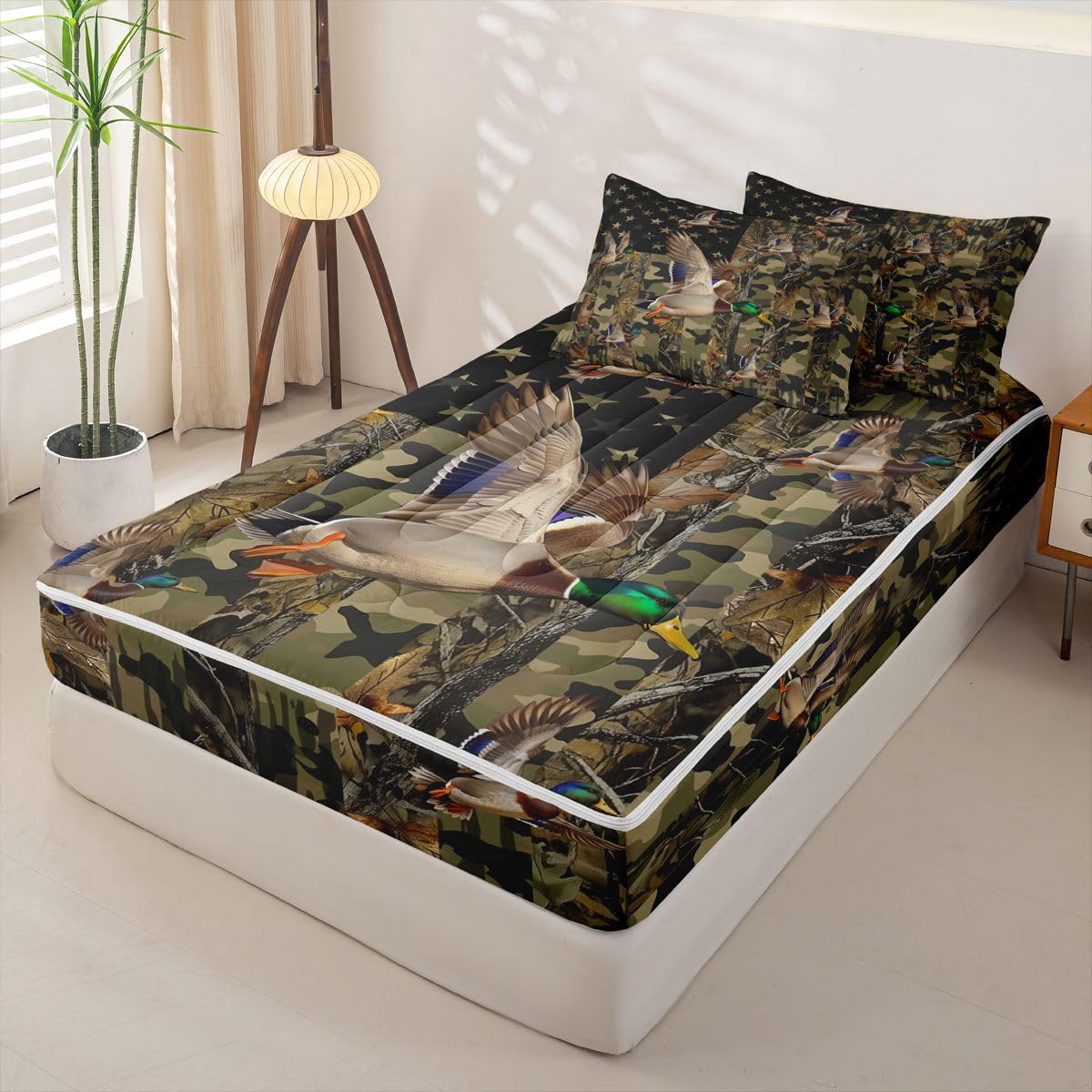 jejeloiu Mallard Duck Hunting Camo Zipper Bedding Sets for Kids Boys Girls Rustic Western Duck Twin Comforter Set with Fitted Sheet American Flag Bedroom Decor Microfiber with 2 Pillow Cases